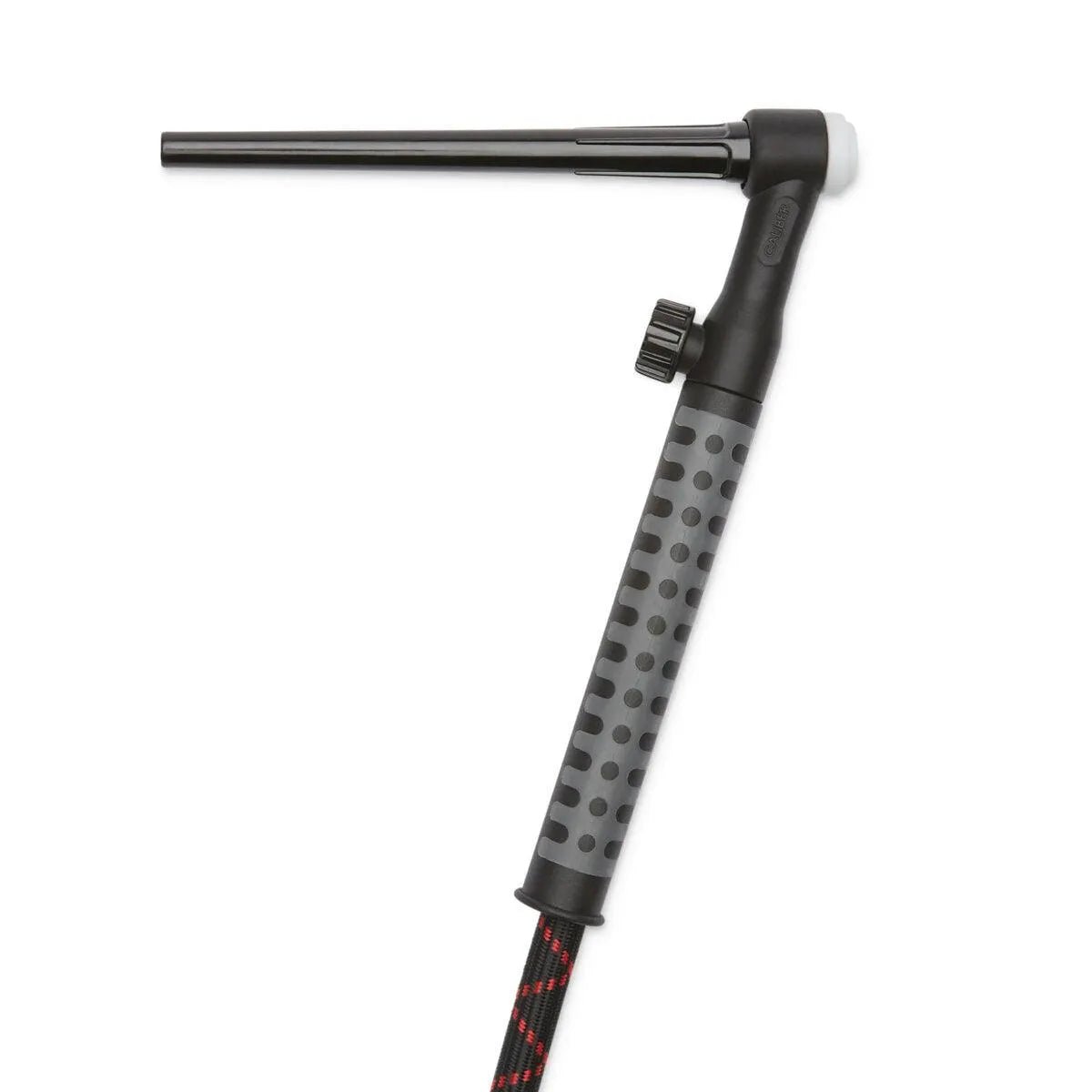 The Lincoln Caliber 9 Series TIG Torch Flex/Valve, 25 ft (7.6 m) K4844-9FV-2 features a black and gray dotted handle, black nozzle, pressure-release button, and a black hose with red accents extending from the handle.