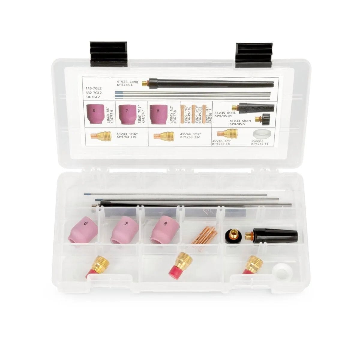 The Lincoln Caliber 9/20 Series TIG Torch Expendables Kit 1/16-1/8 KP4759-HD comes in a clear plastic case with labeled compartments for ceramic cups, brass nozzles, rods, and collets for easy organization and reference.