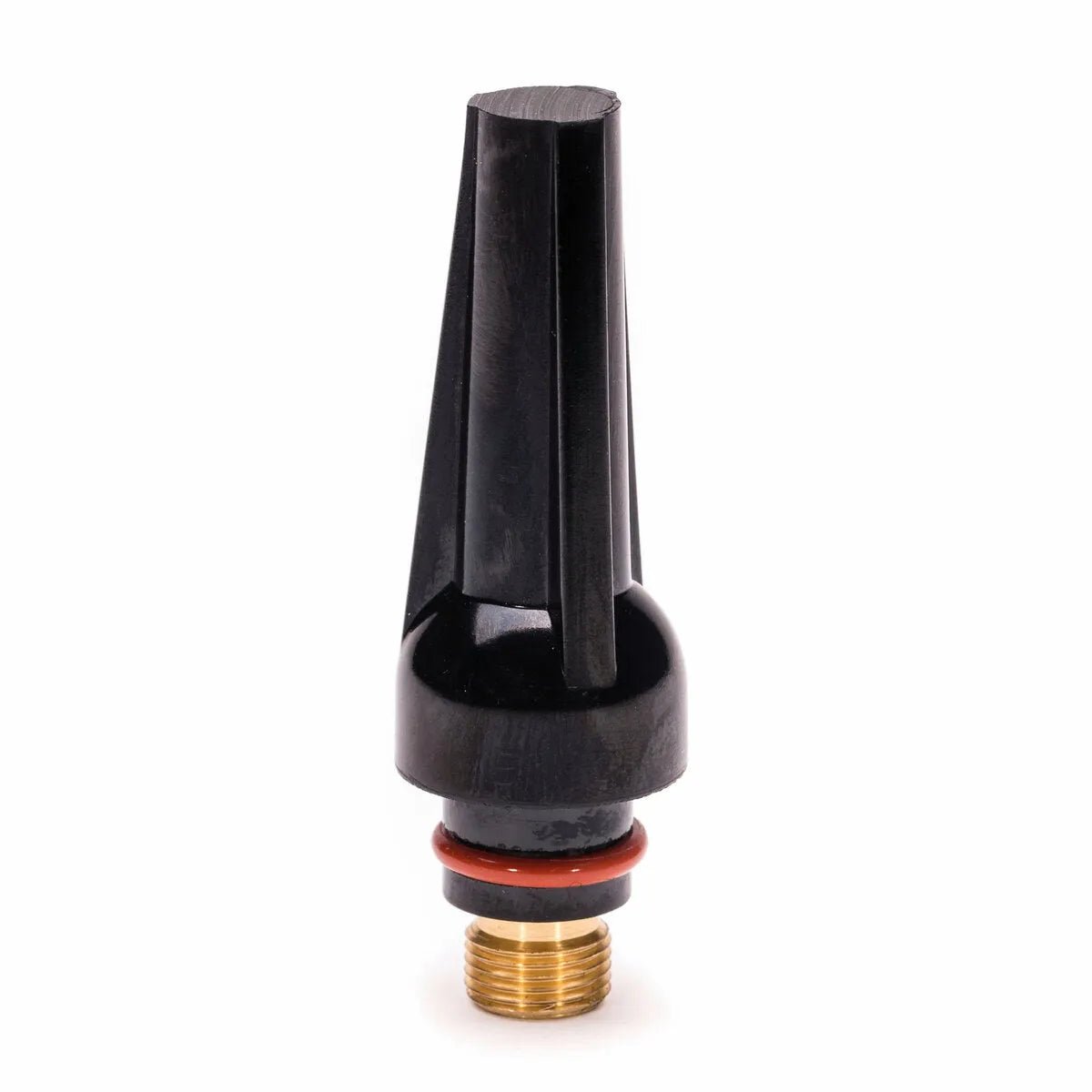 The Lincoln Caliber Back Cap Medium (KP4746-M-B10) for 17/18/26 Torches is shown upright on a white background. It’s black plastic with vertical ridges, a round base, threaded brass connector, and red O-ring above the connector. Pack of 10.