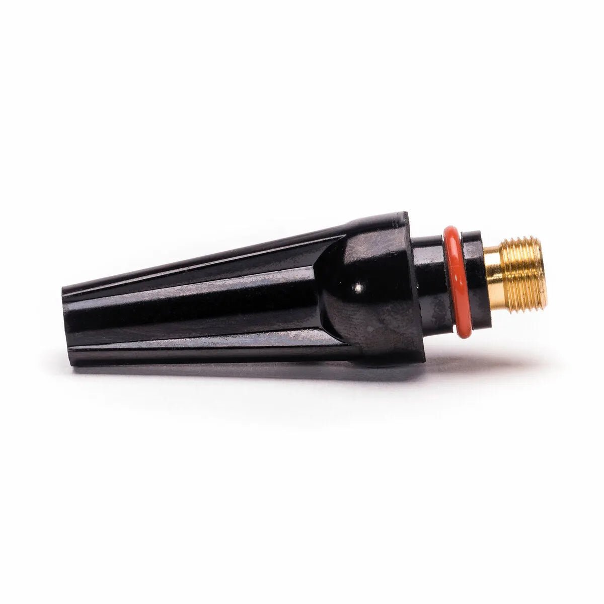 A Lincoln Caliber Back Cap Medium (KP4746-M-B10) for 17/18/26 torches is black and cone-shaped with grooves, a red O-ring, and a brass end, shown lying horizontally on a white background. Pack of 10.
