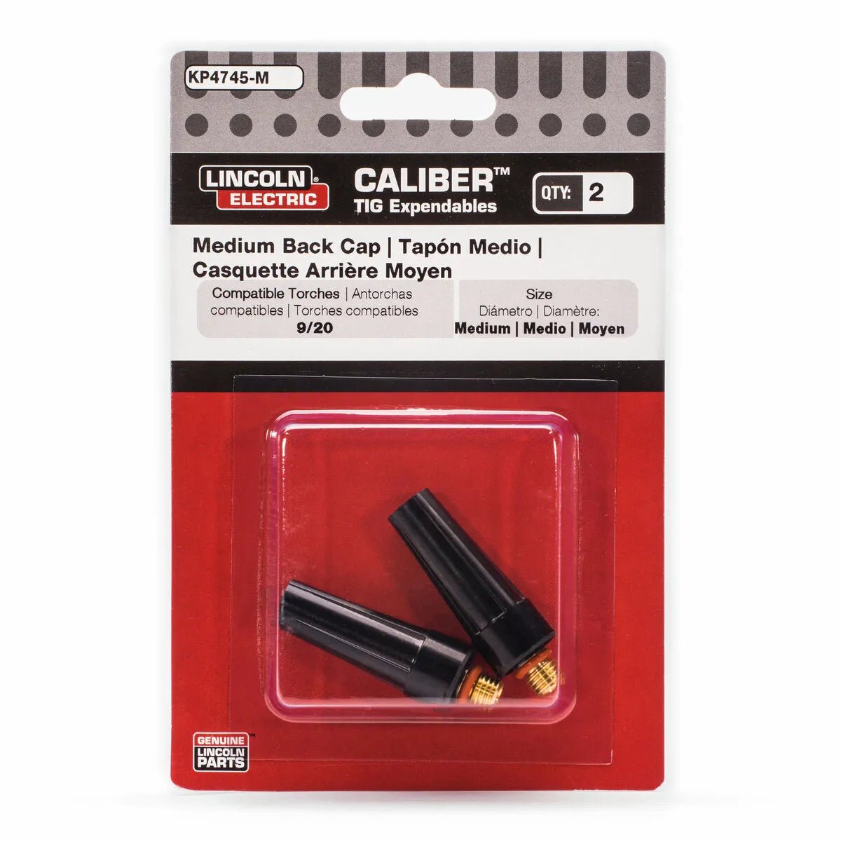 The Lincoln Caliber Back Cap Medium (KP4745-M) is a 2-pack of black, brass-threaded caps for 9/20 torches, labeled in English, Spanish, and French. Genuine part for tungsten electrode welding setups.