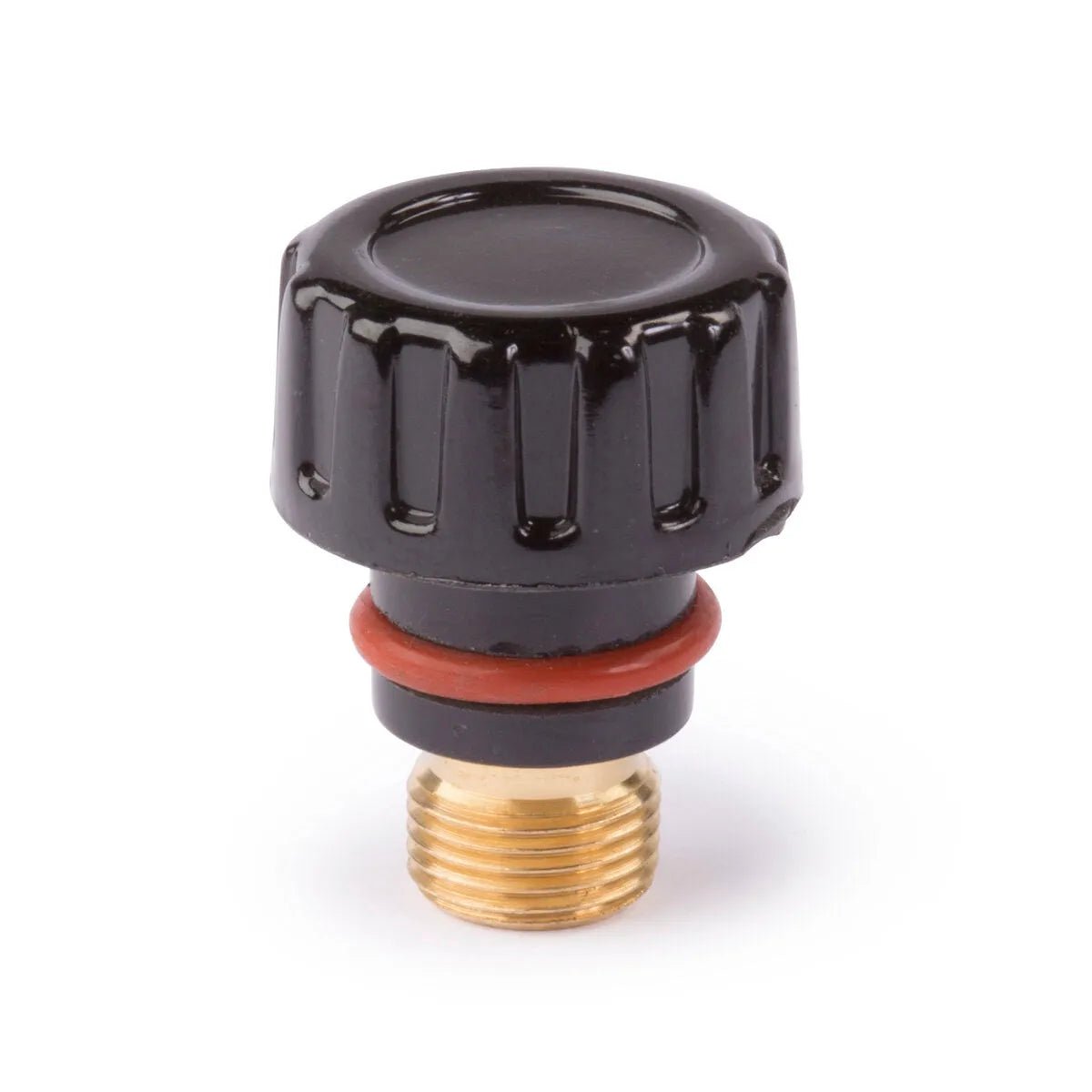 A black plastic ridged Lincoln Caliber Back Cap Short with a flat top and red O-ring, on a threaded brass base. Compatible with 17/18/26 torches, KP4746-S-B10, 10/pack. Shown on a plain white background.