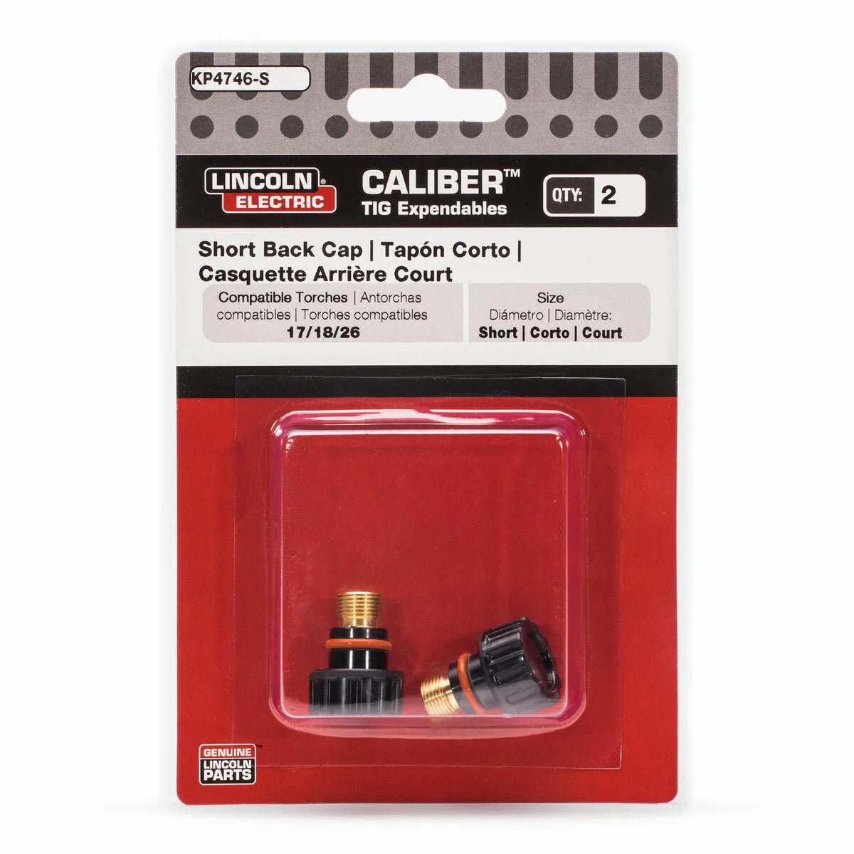 A retail pack of Lincoln Caliber Back Cap Short, 17/18/26 Torches 2/pack (KP4746-S) includes two black caps. The red and white label shows details in English, Spanish, and French, with the caps visible through a clear window.