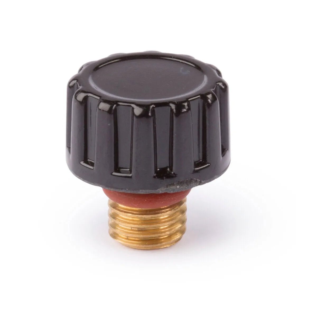 A close-up of the Lincoln Caliber Back Cap Short for 9/20 Torches, 10/pack (KP4745-S-B10), showing its black ribbed top, red gasket, and brass threaded base—an essential welding accessory isolated on white.