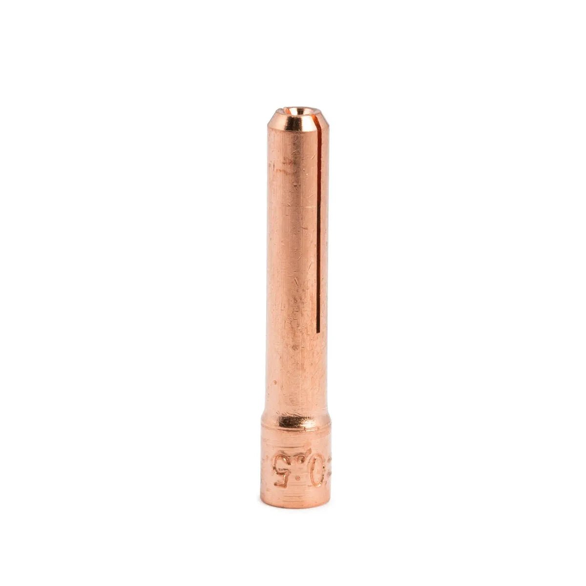 A Lincoln Caliber Collet .020 (0.5 mm) for 9/20 torches (10/pack, KP4749-020-B10) stands upright on a white background, showing its smooth cylindrical tip with a split and engraved markings near the base.