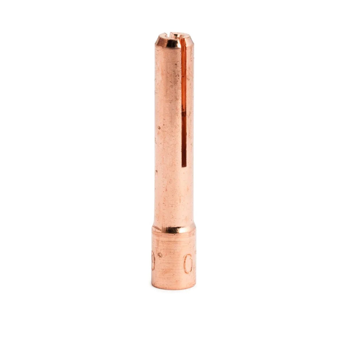 A single Lincoln Caliber Collet .040 (1.0 mm) KP4749-040 for 9/20 torches stands upright on a white background, copper-colored with a slotted top, engraved base, minor scratches, and a shiny metallic finish.