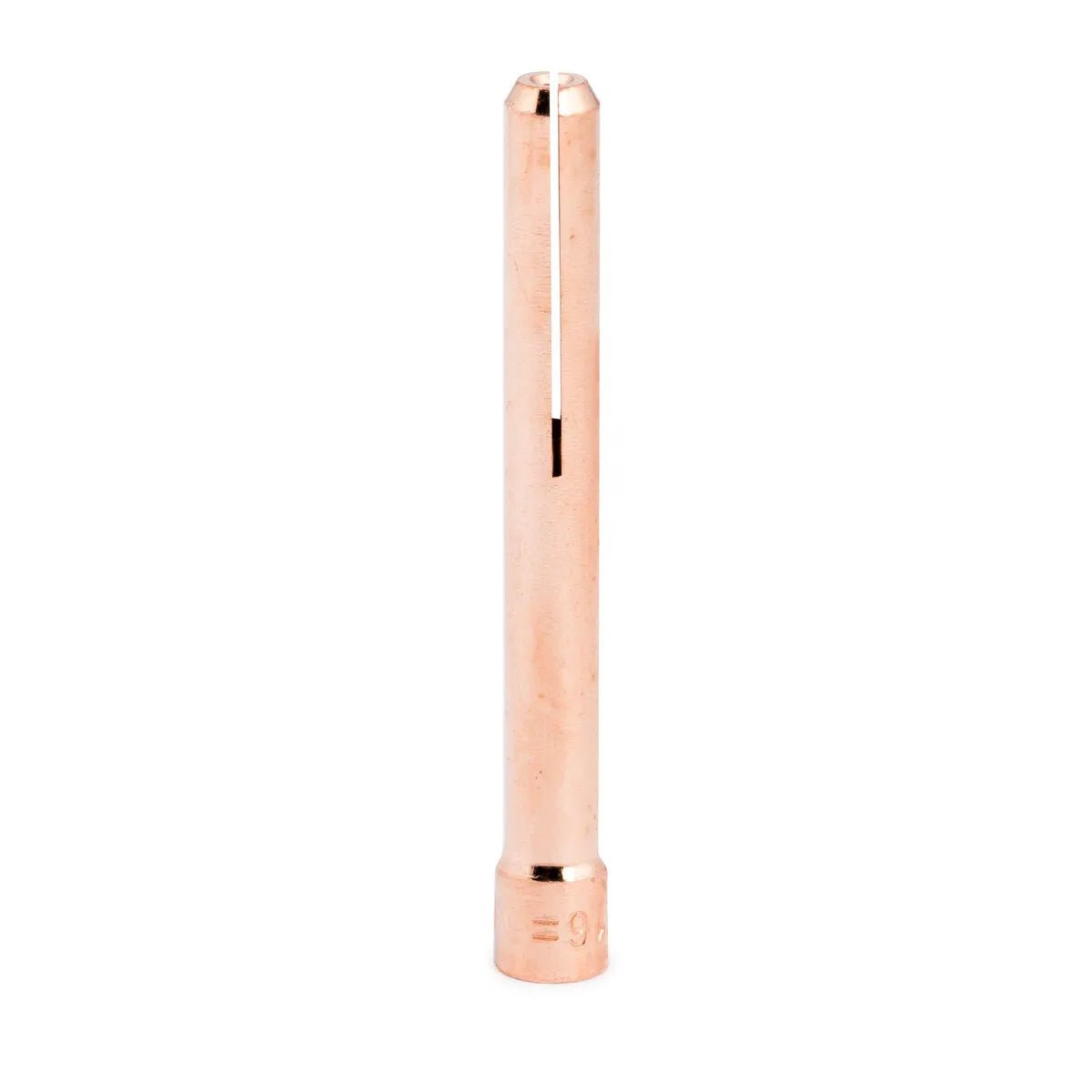 A Lincoln Caliber Collet 1/16 (1.6 mm) for 17/18/26 torches (KP4750-116) stands upright on a white background, showing its smooth, shiny surface, narrow vertical slit, rounded top, and wider base stamped with “=90.”.