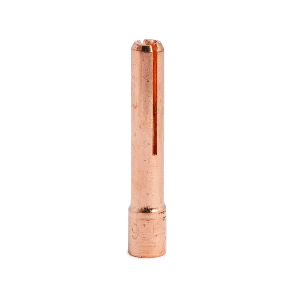 A close-up of a Lincoln Caliber Collet 1/16 (1.6 mm) for 9/20 torches (3/pack, KP4749-116), featuring a cylindrical shape, smooth reflective surface, narrow vertical slit, and groove near the top typical of quality TIG components.