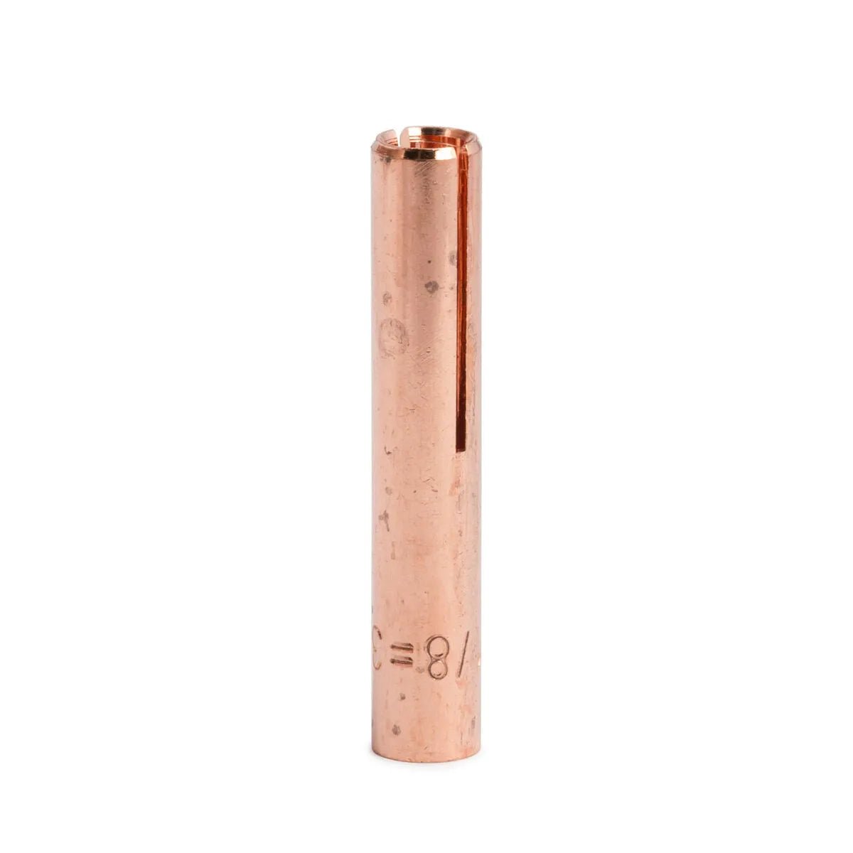 A Lincoln Caliber Collet 1/8 (3.2 mm) for 9/20 torches (KP4749-18) stands upright on a white background, featuring a smooth copper finish, narrow vertical slot, and small markings near the base. Sold in packs of 3.