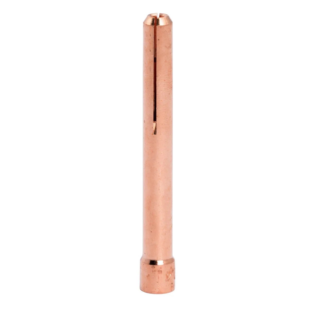 The Lincoln Caliber Collet 3/32 (2.4 mm), compatible with 17/18/26 torches (KP4750-332-B10, 10/pack), is a cylindrical copper piece with a smooth finish, small top slot, and wider base, shown upright on a plain white background.