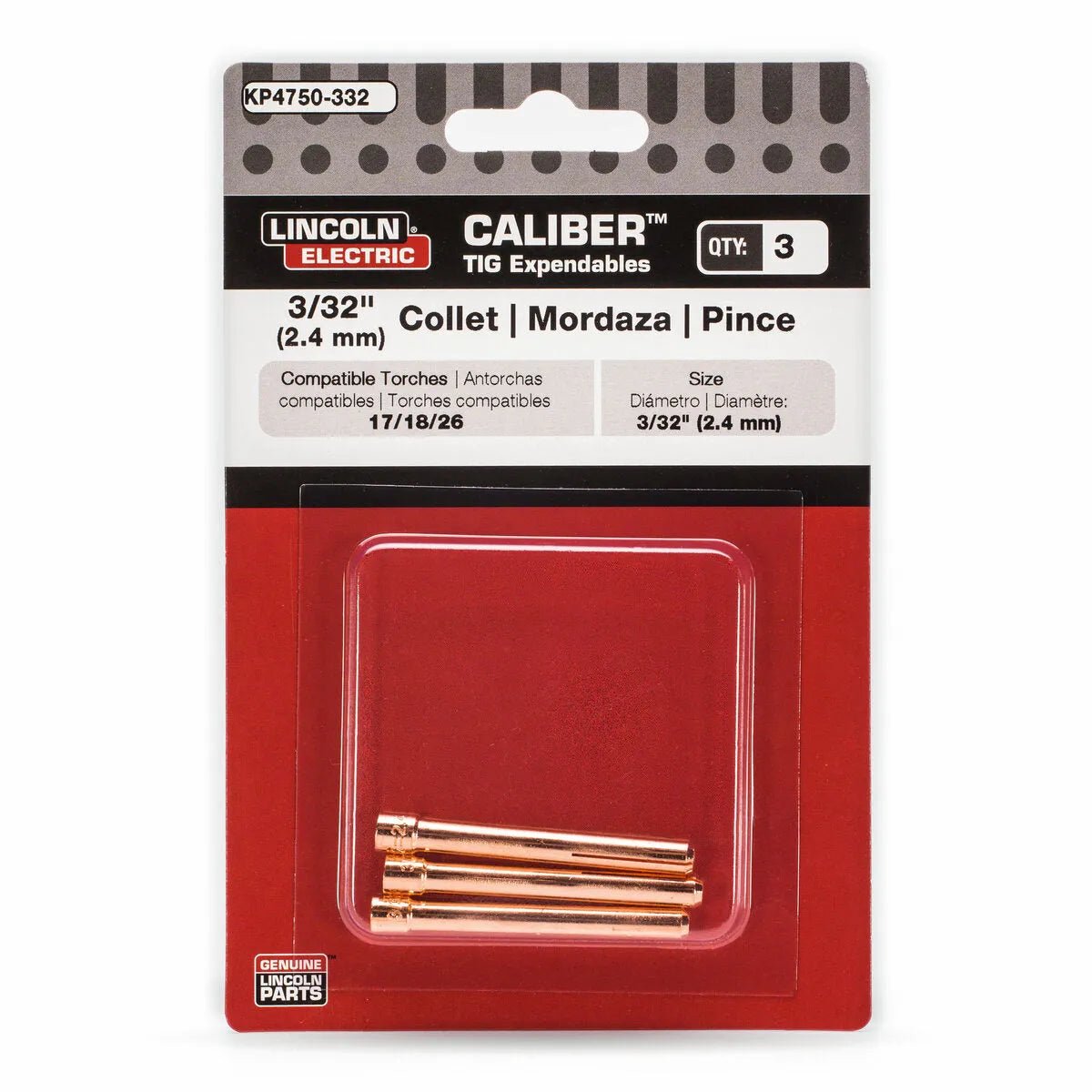A pack of three Lincoln Caliber 3/32 (2.4 mm) TIG collets for 17/18/26 torches (KP4750-332), visible through a clear window on a red and white card.