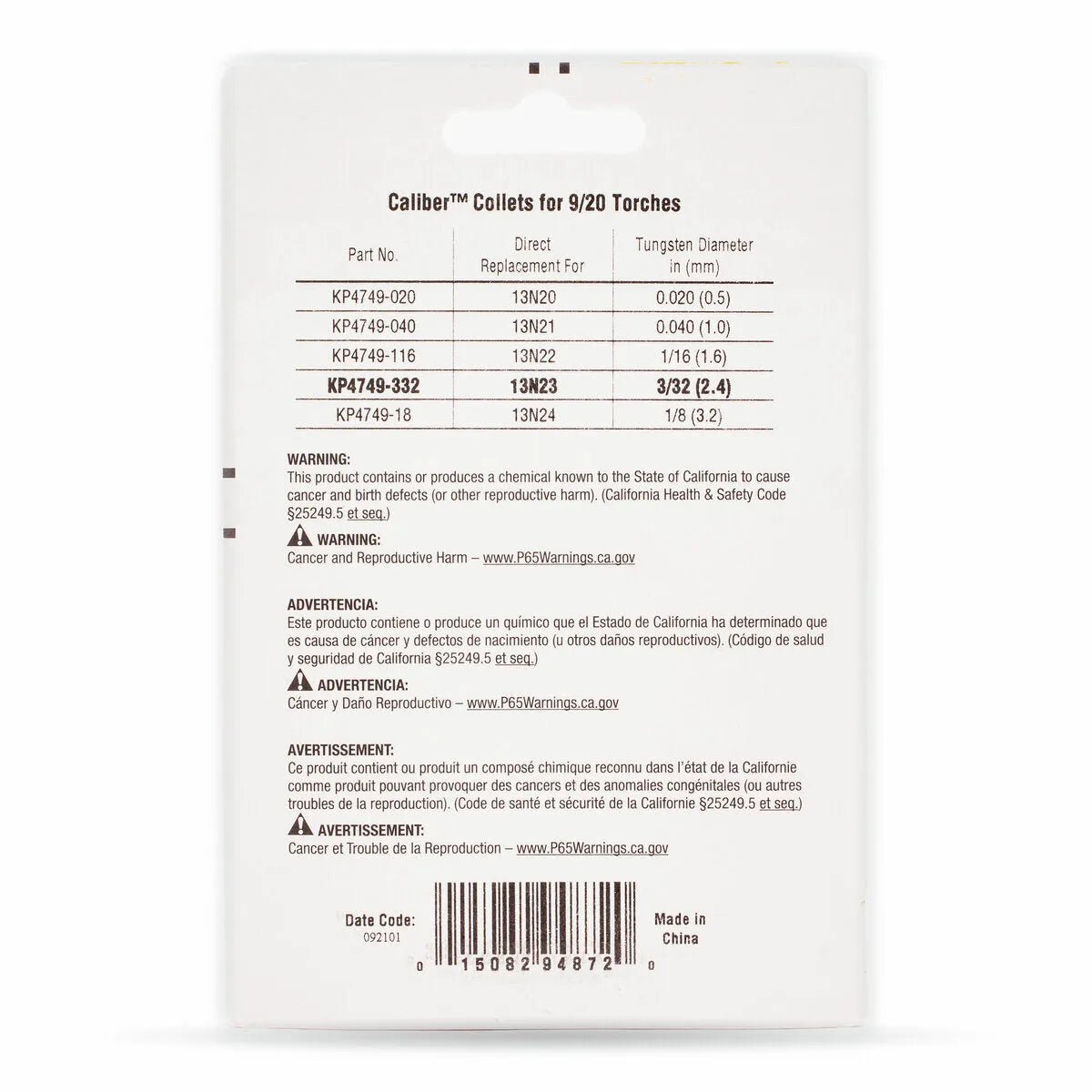 Back view of Lincoln Caliber Collet 3/32 (2.4 mm) 3-pack for 9/20 torches (KP4749-332) shows a white package with part numbers, diameters, replacements table, safety warnings, website links, barcodes, and manufacturing details.