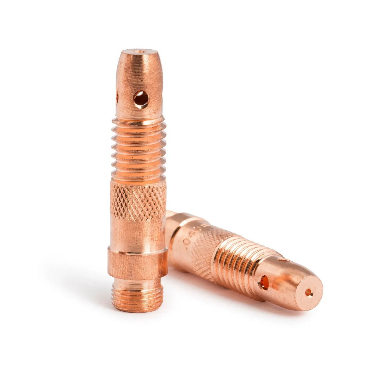 Two Lincoln Caliber Collet Bodies (0.040 in/1.0 mm, KP4752-040) for 17/18/26 torches come in a 2-pack and feature threaded bases, knurled centers for grip, and a smooth tip with a central opening—ideal for TIG welding.