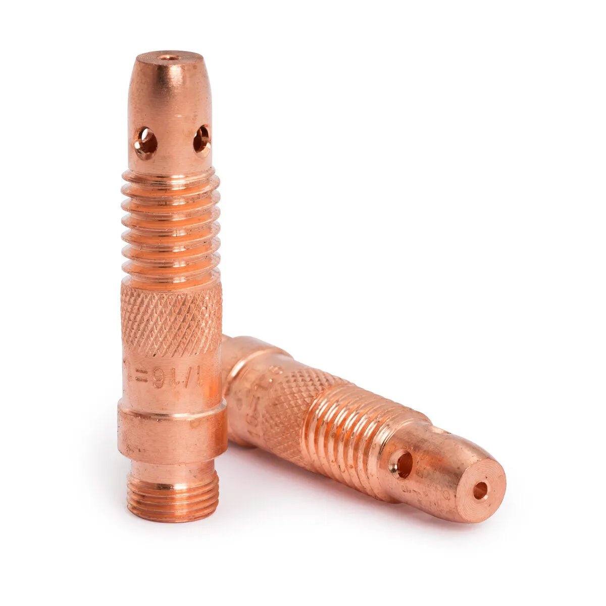 Two Lincoln Caliber Collet Body 1/16 in (1.6 mm) contact tips (KP4752-116) for 17/18/26 Torches are shown on a white background—one upright, one lying down—with threaded ends, grip ridges, and small holes near the top. Set of 2.