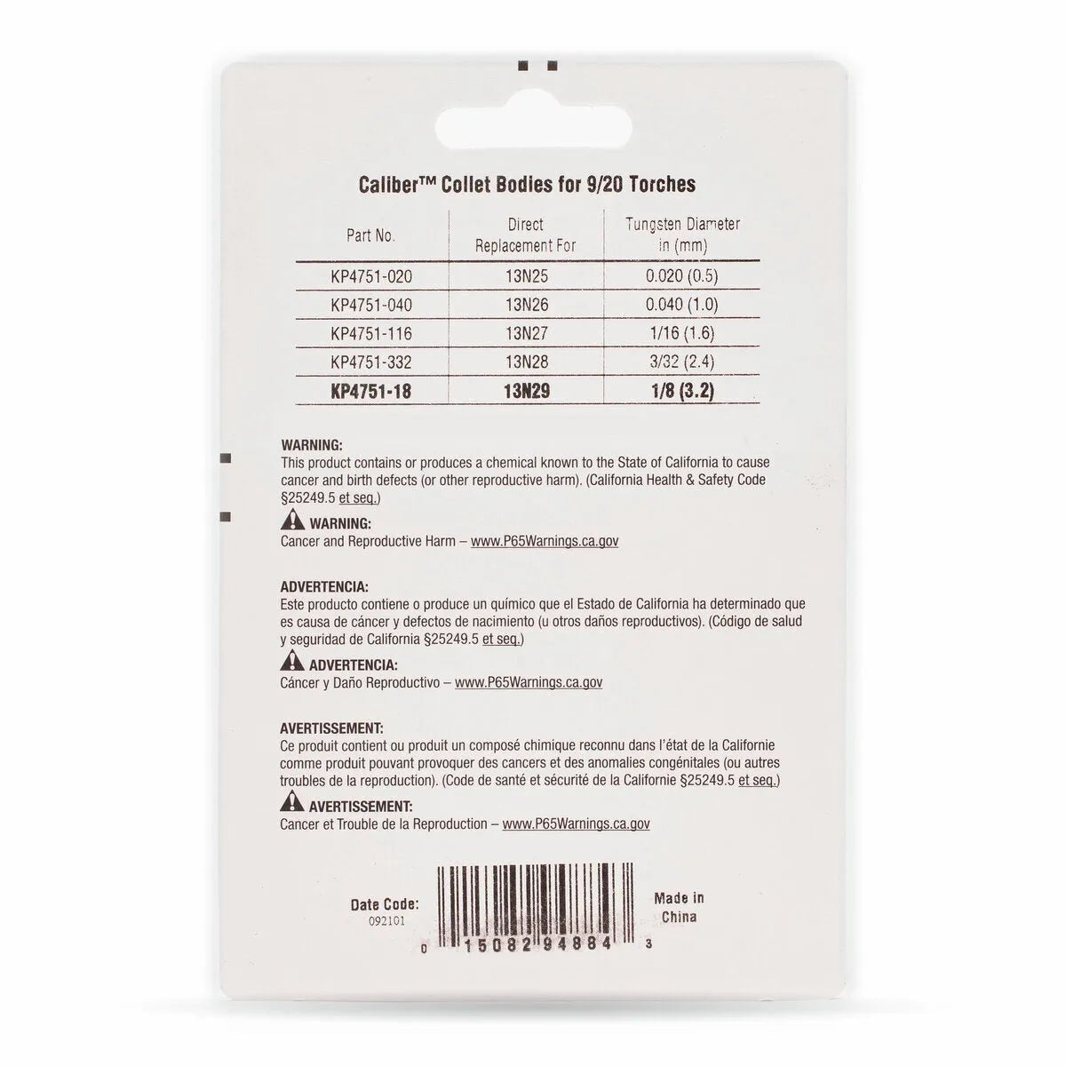 The image shows the back packaging of Lincoln Caliber Collet Body 1/8 (3.2 mm) for 9/20 torches, 2-pack KP4751-18, listing TIG part numbers, compatible replacements, diameters, chemical exposure warnings in English/Spanish, a barcode and manufacturer info.