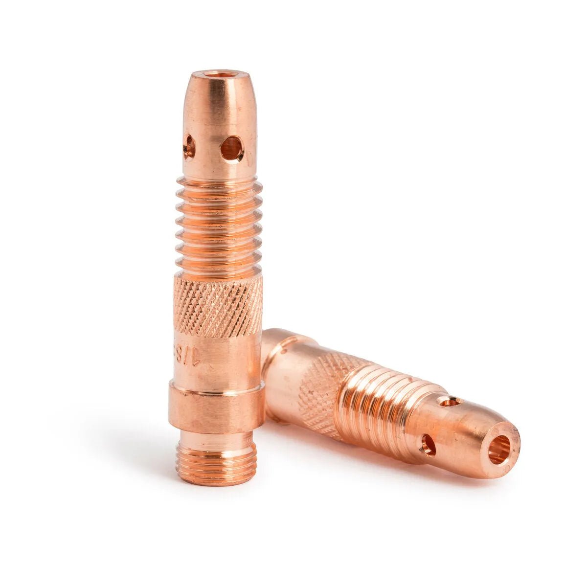 Two Lincoln Caliber Collet Bodies 1/8 in (3.2 mm) KP4752-18-B10 for 17/18/26 torches are shown—one upright, one leaning. Both have knurled grips, tip holes, and threaded ends for TIG welding equipment.