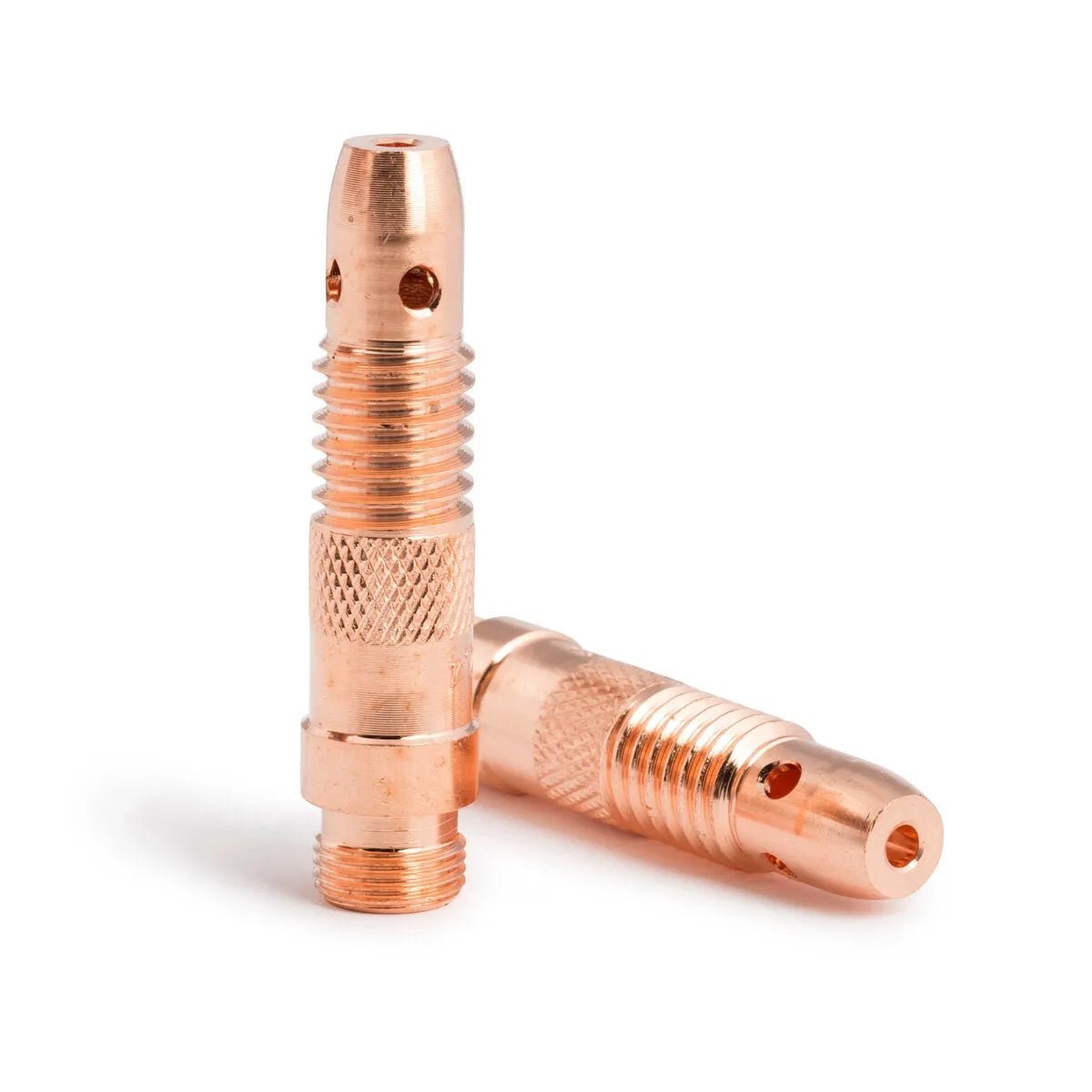 Two Lincoln Caliber Collet Bodies 3/32 in (2.4 mm) for 17/18/26 torches (KP4752-332-B10, 10-pack) are shown; one upright, one horizontal, each with a shiny copper finish, knurled grip, and circular holes on a white background.