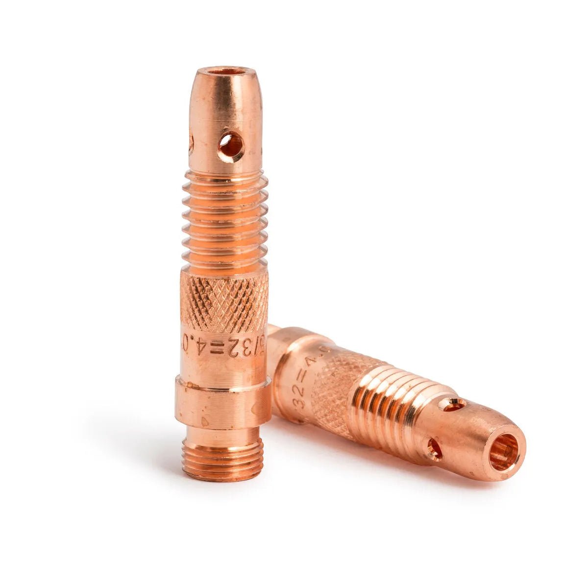 Two Lincoln Caliber Collet Bodies, 5/32 in (4.0 mm) for 17/18/26 torches (KP4752-532-B10), are shown—one upright, one lying down—with ridged grips, center holes, engraved text, and threaded ends on a white background.