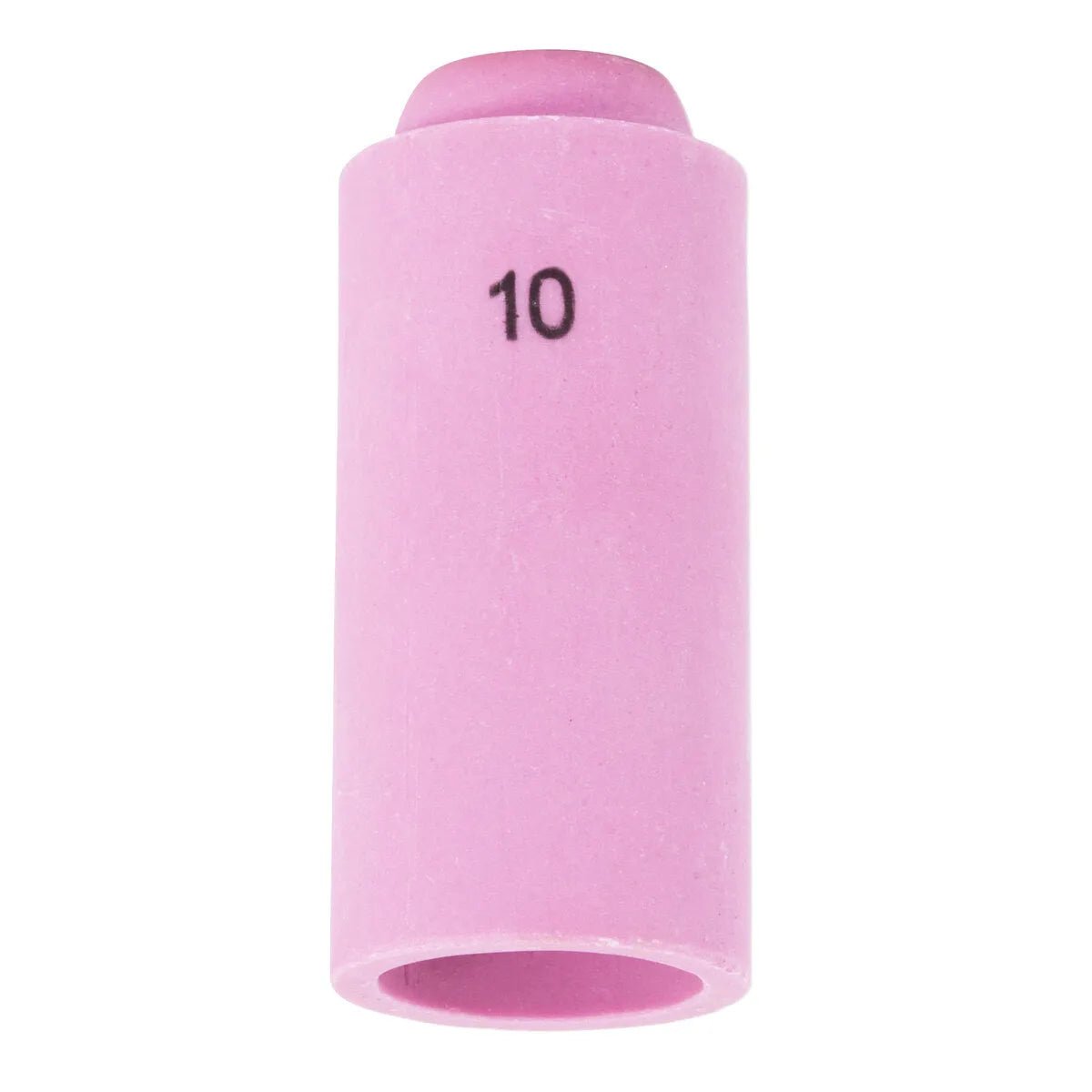 The Lincoln Caliber Collet Body Cup #10 (KP4756-10) is a pink ceramic nozzle for 17/18/26 torches, featuring 10 in black near the top. Its cylindrical matte design ensures efficient shielding gas direction. Comes in a 2-pack.