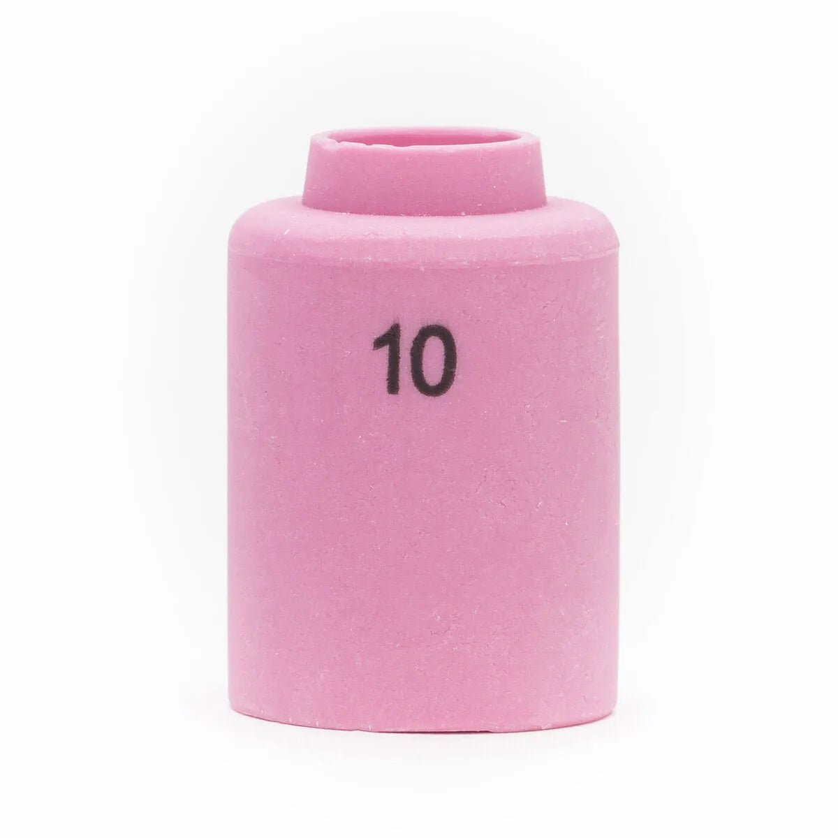 The Lincoln Caliber Collet Body Cup #10 (KP4755-10-B10) is a pink, cylindrical ceramic nozzle for 9/20 torches with a matte finish and #10 marking, designed to direct shielding gas for cleaner welds. Pack of 10.