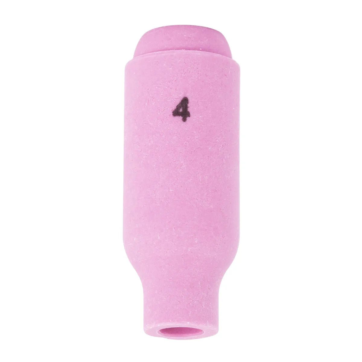 The Lincoln Caliber Collet Body Cup #4 (KP4756-4-B10) is a pink ceramic, cylindrical cup for 17/18/26 torches. 4 is printed in black near the top. It features a matte, slightly textured surface to direct shielding gas efficiently. Pack of 10.