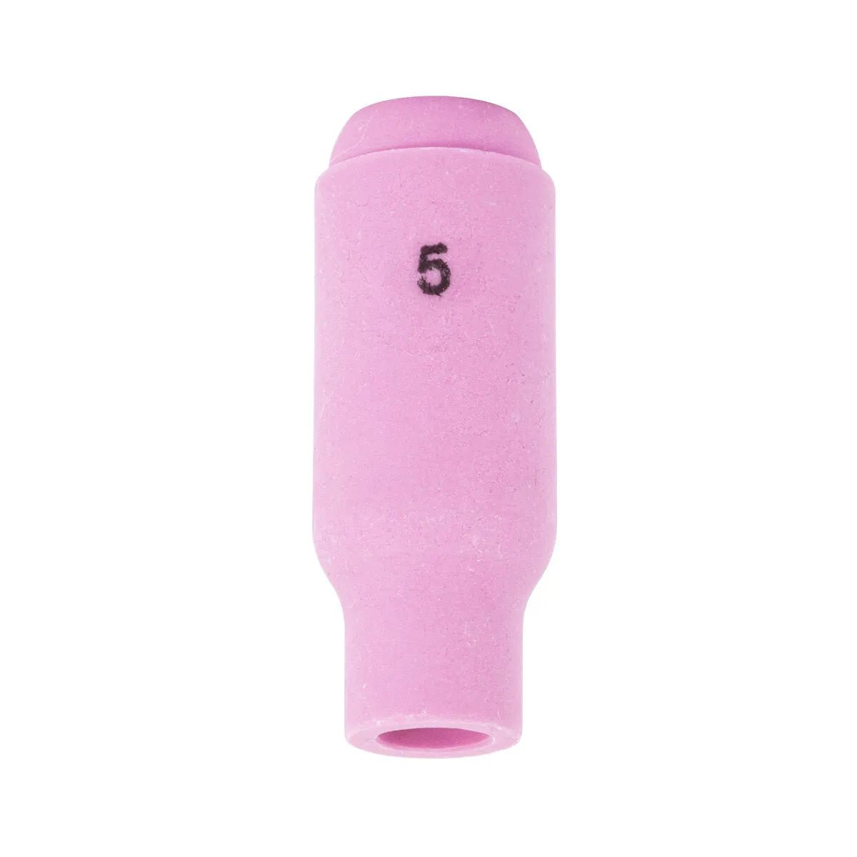 The Lincoln Caliber Collet Body Cup #5 (KP4756-5) is a pink ceramic, cylindrical nozzle for 17/18/26 torches, with 5 printed in black. It has dual-end openings and is ideal for TIG welding. Sold as a 2-pack.