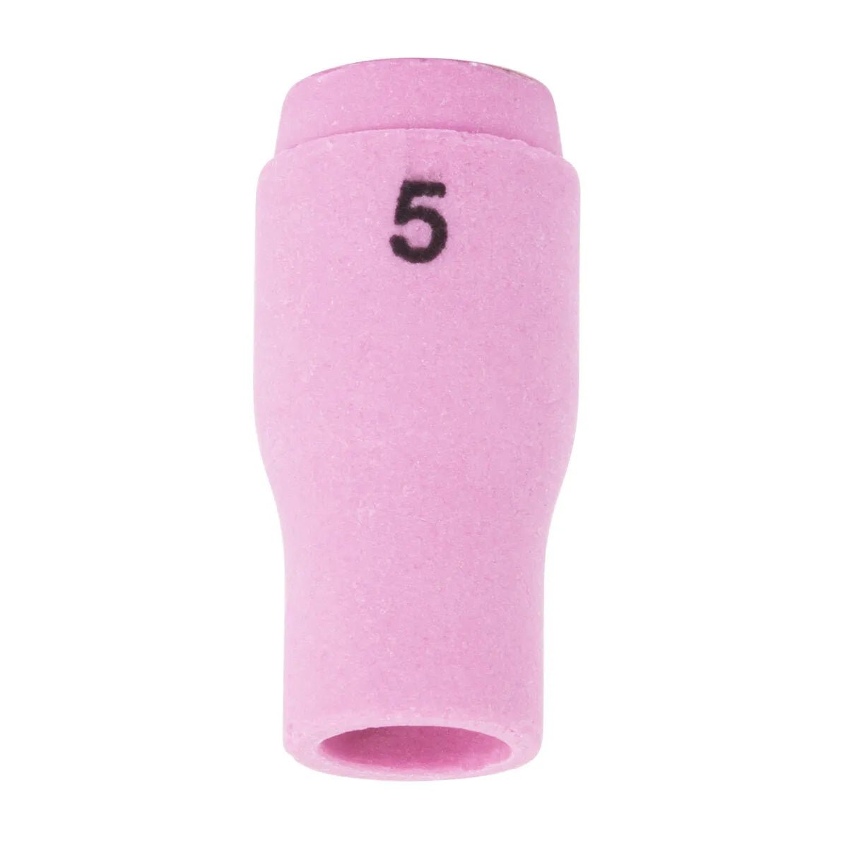 The Lincoln Caliber Collet Body Cup #5 (KP4755-5-B10) for 9/20 torches features a pink, slightly tapered ceramic design with 5 marked near the top, ensuring optimal shielding gas flow; shown on a white background. Pack of 10.