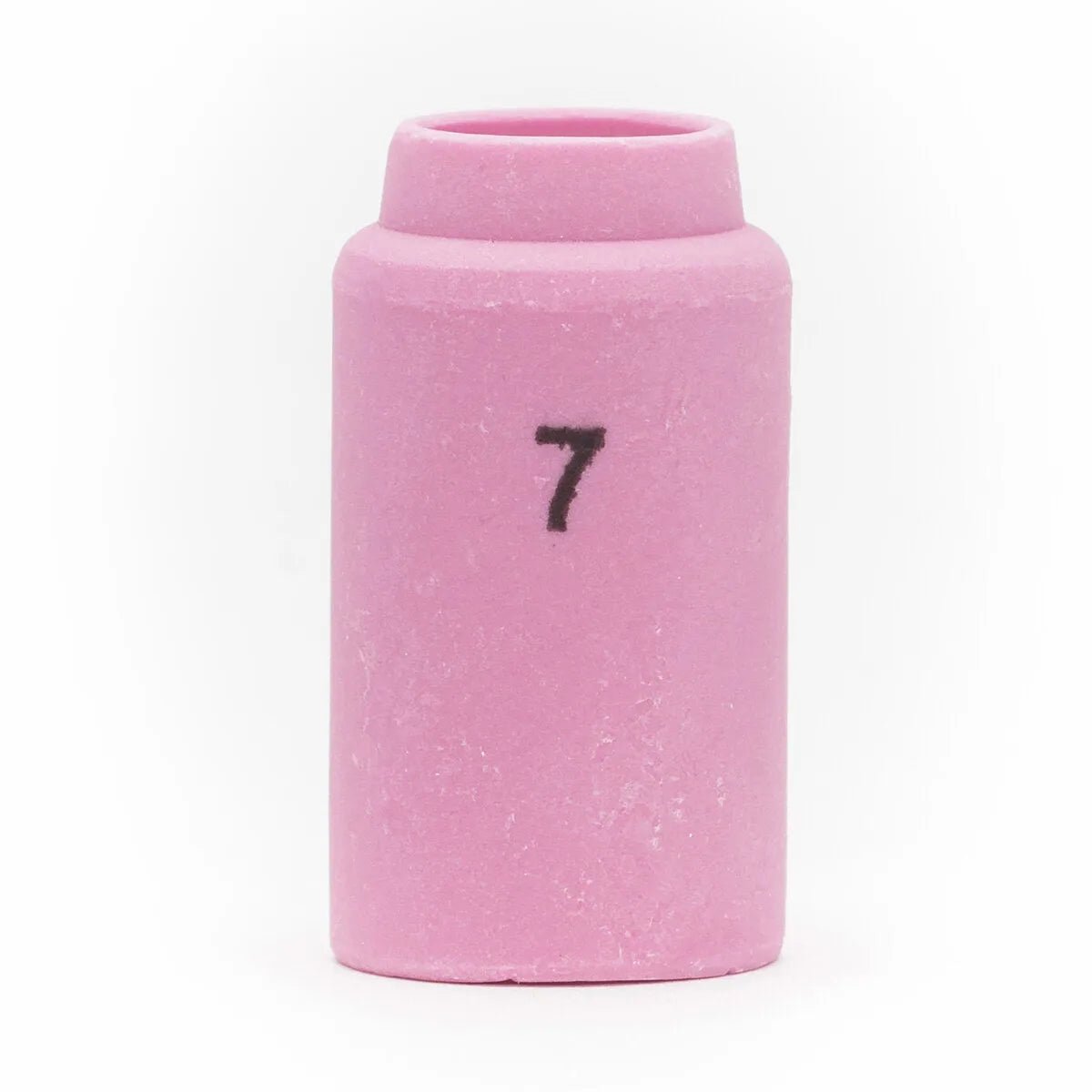 The Lincoln Caliber Collet Body Cup #7 (KP4755-7-B10) for 9/20 Torches is a pink ceramic nozzle with a wide opening, rounded top, tapered neck, and 7 printed in black on the front. Supplied in packs of 10 against a plain white background.