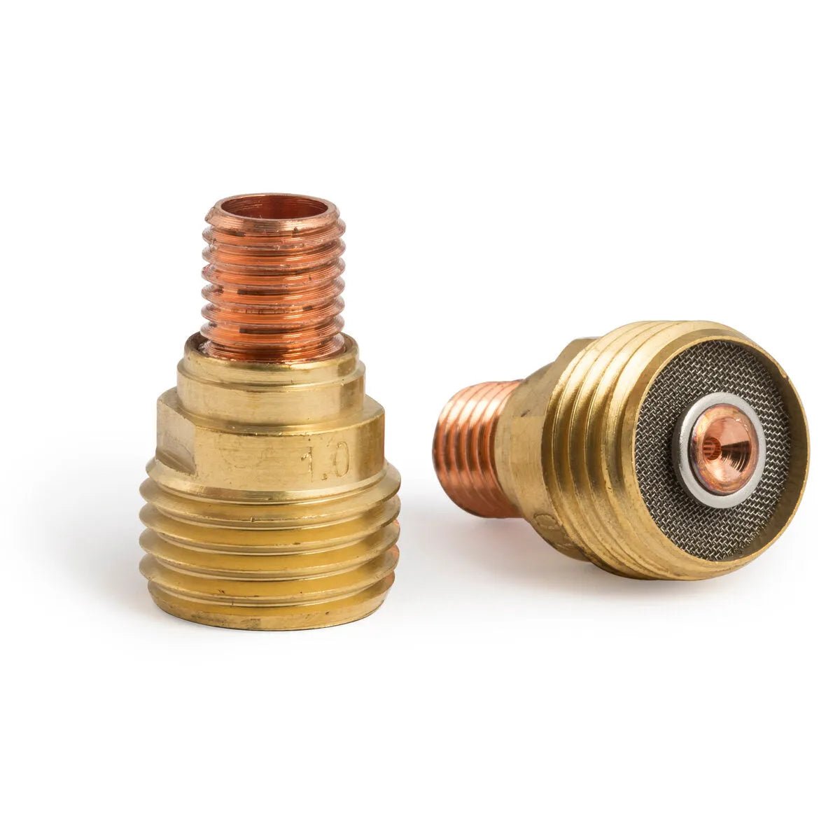 Two Lincoln Caliber Gas Lens .040 (1.0 mm) fittings for 9/20 torches (KP4753-040-B10) are shown: one upright showing its copper thread, the other on its side with a mesh screen. Both feature ribbed metallic bodies. Pack of 10.