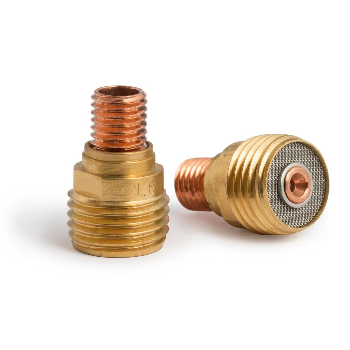 Two Lincoln Caliber Gas Lens 1/16 (1.6 mm) diffusers for 9/20 torches (KP4753-116-B10) are shown: one upright, displaying threaded ends, and the other on its side with a mesh screen visible on its circular face.