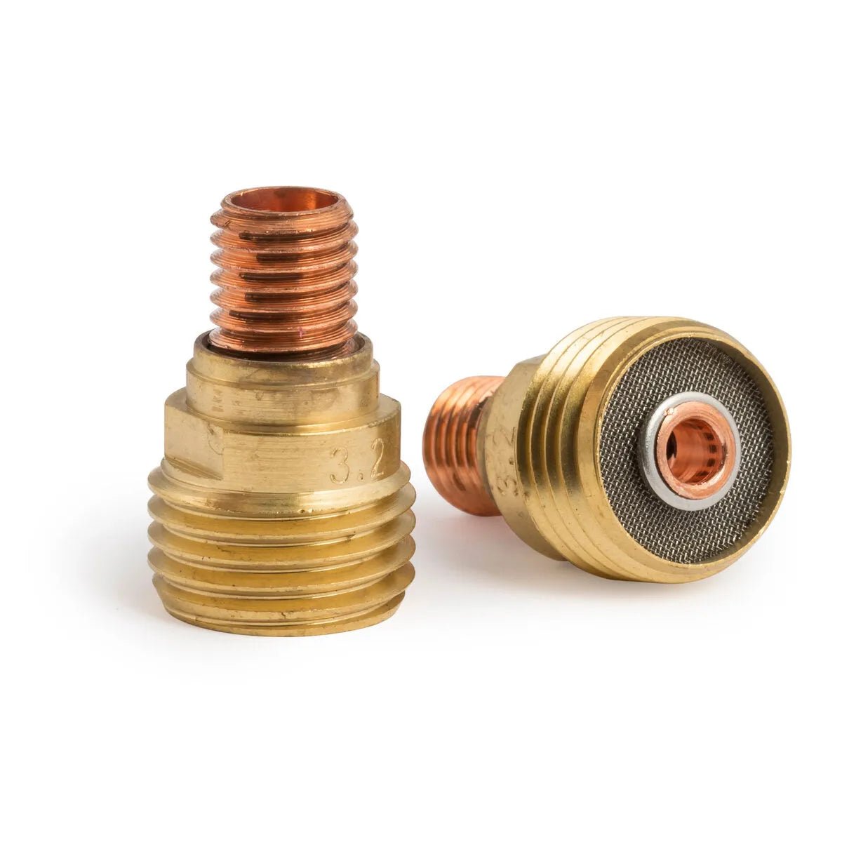 Two Lincoln Caliber Gas Lens 1/8 (3.2 mm) tips for 9/20 torches (KP4753-18-B10, 10-pack) are shown—one upright to display its threaded copper tip and brass body, the other on its side highlighting the mesh screen. Ideal for tungsten welding.