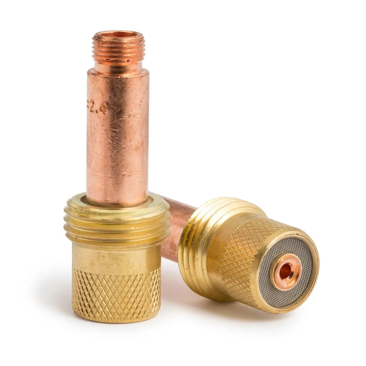 Two Lincoln Caliber Gas Lens 3/32 (2.4 mm) for 17/18/26 Torches rest on a white background—one upright showing its threaded copper top, the other horizontal displaying its mesh end and knurled brass grip. Model: KP4754-332-B10.