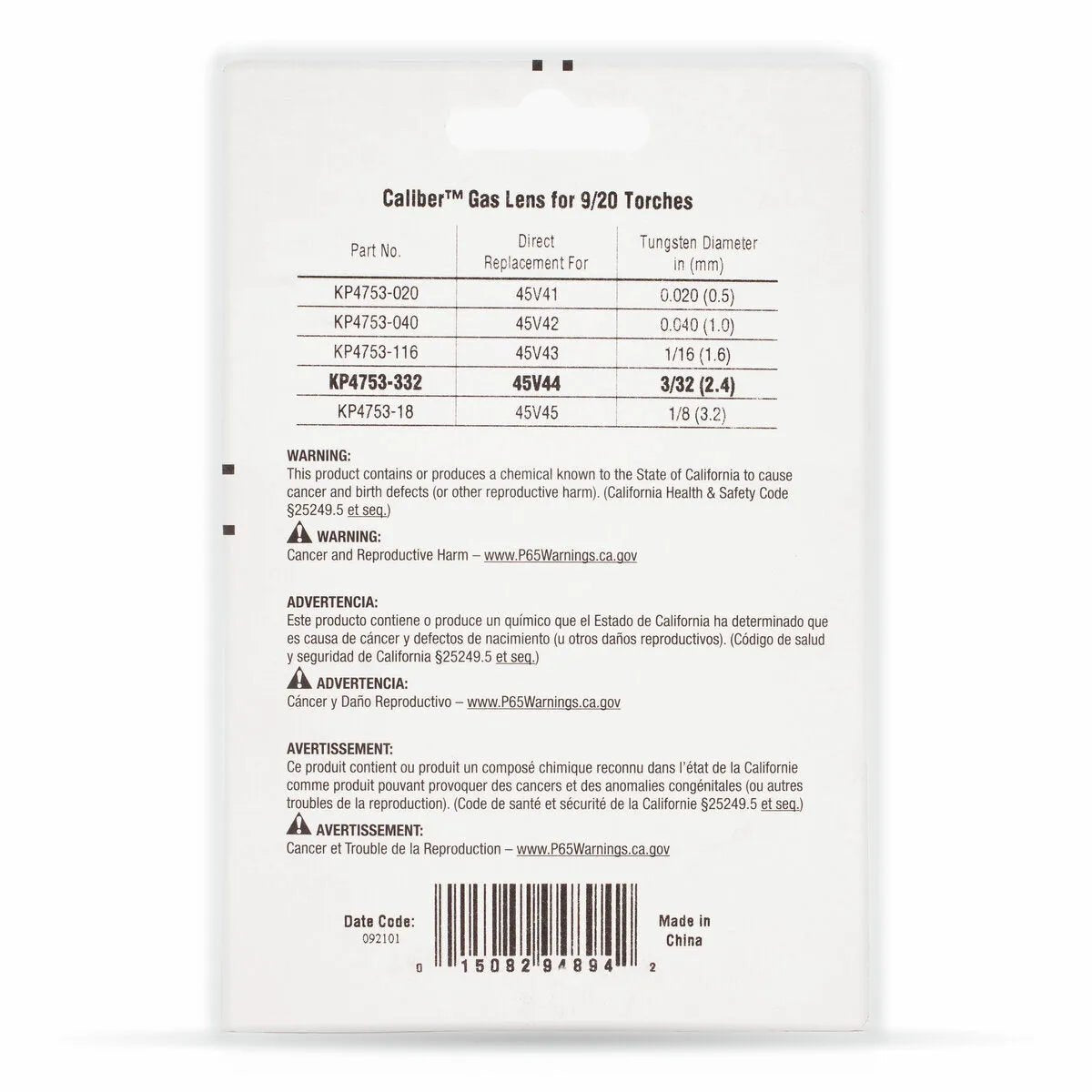 The image displays the back of a Lincoln Caliber Gas Lens 3/32 (2.4 mm), 9/20 Torches 2/pack KP4753-332 package, listing part numbers, tungsten sizes, gas coverage info, a California Prop 65 warning, and black text on white background.