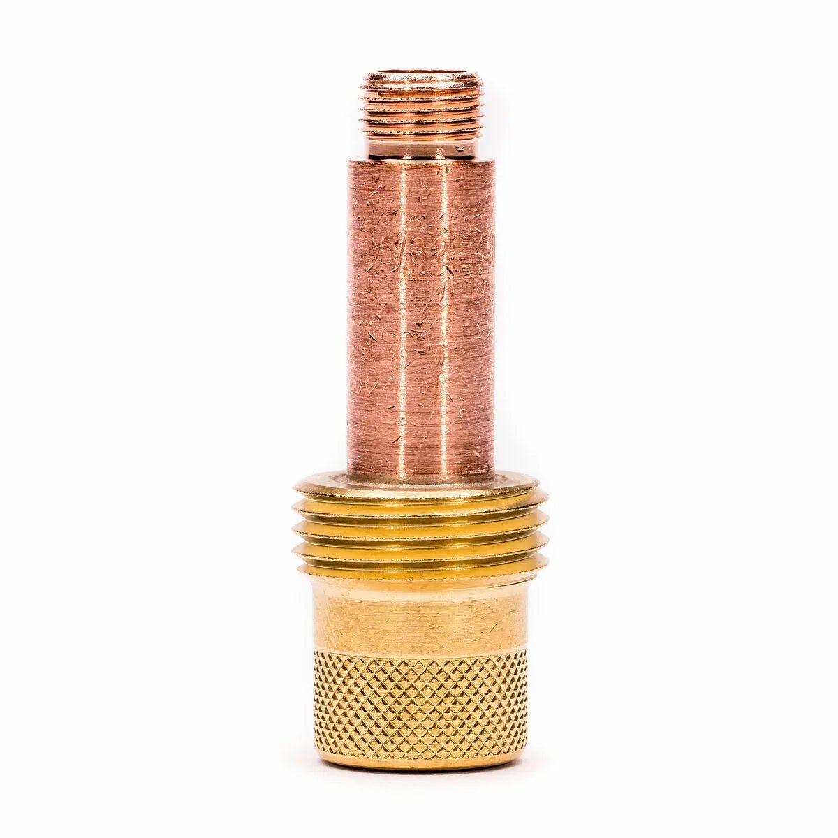 A close-up of the Lincoln Caliber Gas Lens 5/32 (4.0 mm) for 17/18/26 torches (KP4754-532-B10), showing its copper-colored top tube, fine threading, and brass-toned lower section with a textured grip, upright on a white background.