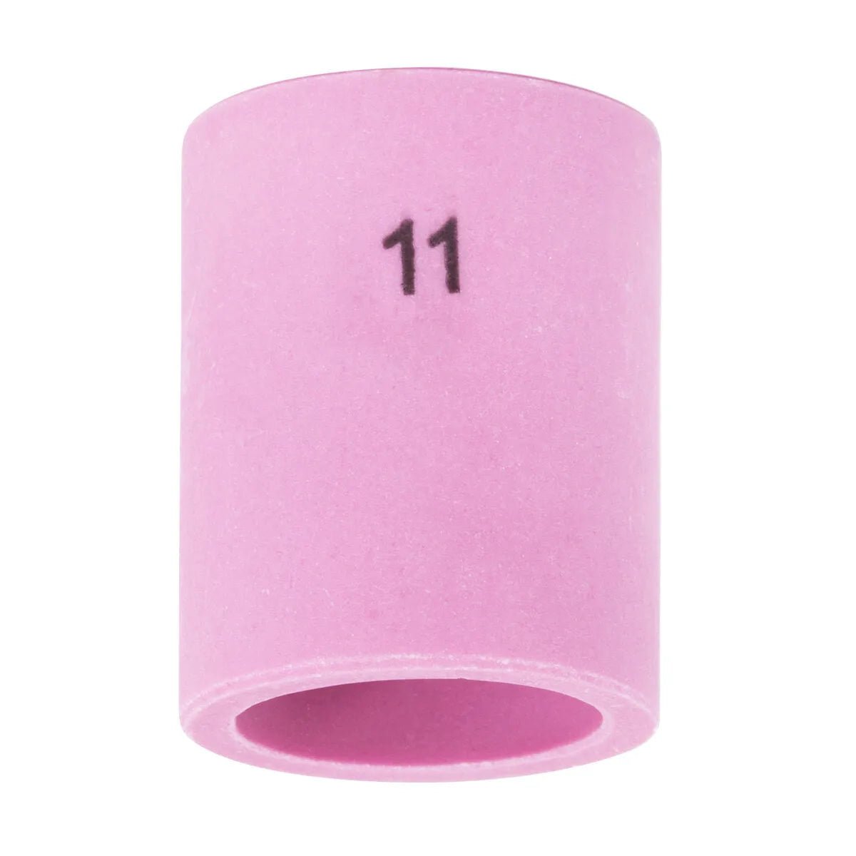 A pink cylindrical Lincoln Caliber Gas Lens Cup #11 (KP4758-11-B10) for 17/18/26 torches has smooth edges, a black 11 marking, and an open, hollow base. Comes in a 10-pack, shown on a plain white background.