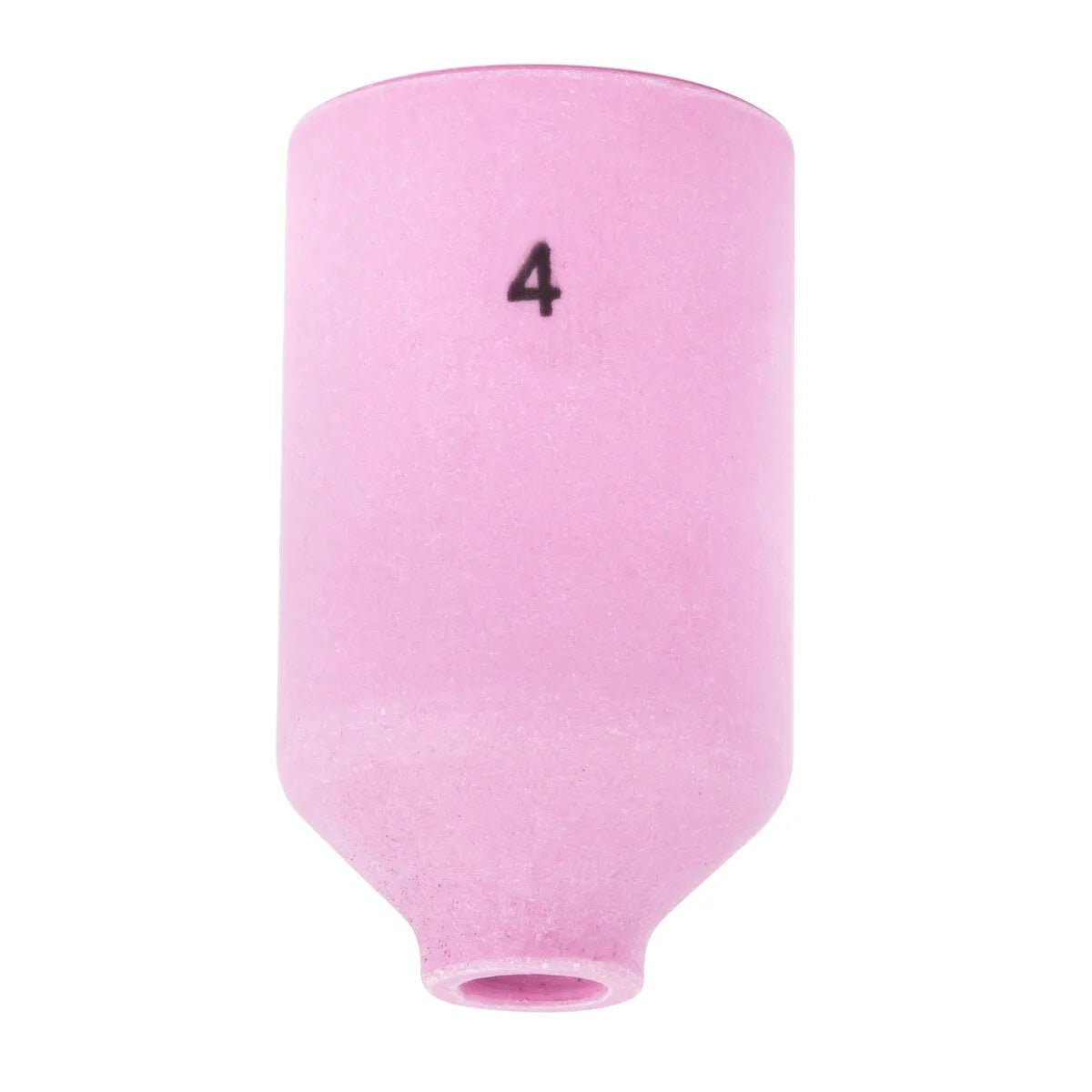 A Lincoln Caliber Gas Lens Cup #4 for 17/18/26 Torches (KP4758-4-B10), pink ceramic and cylindrical with a narrower bottom, features the number 4 in black near the top; pictured on a plain white background. Pack of 10.