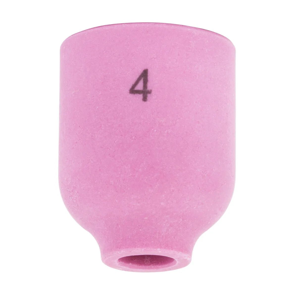 The Lincoln Caliber Gas Lens Cup #4 (KP4757-4-B10) for 9/20 torches is a pink ceramic, rounded cylindrical nozzle with a black 4 near the top, shown on a plain white background. Sold in packs of 10.