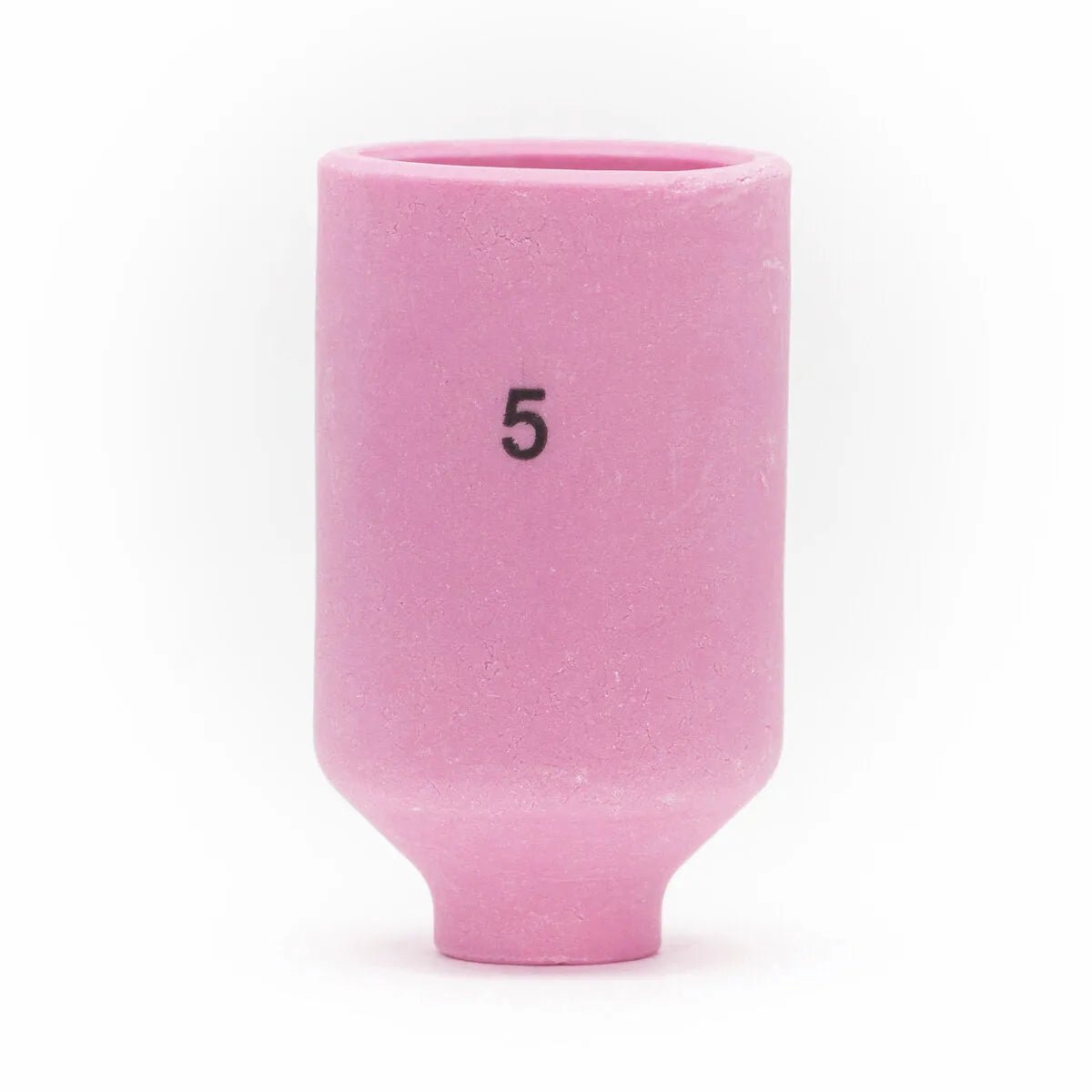 The Lincoln Caliber Gas Lens Cup #5 (KP4758-5) for 17/18/26 torches is a pink ceramic, cylindrical cup with a flared base and the number 5 printed in black on its side. Comes in a pack of 2.