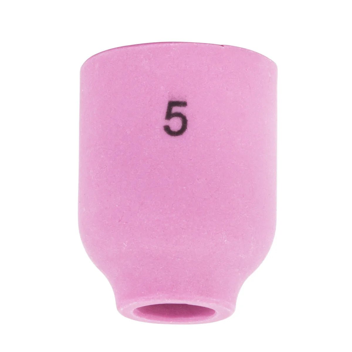 The Lincoln Caliber Gas Lens Cup #5 (KP4757-5) is a smooth, matte pink ceramic nozzle with rounded edges and a narrow base. Number 5 is printed near the top. Compatible with 9/20 torches, it helps reduce weld defects. Sold as a 2-pack.