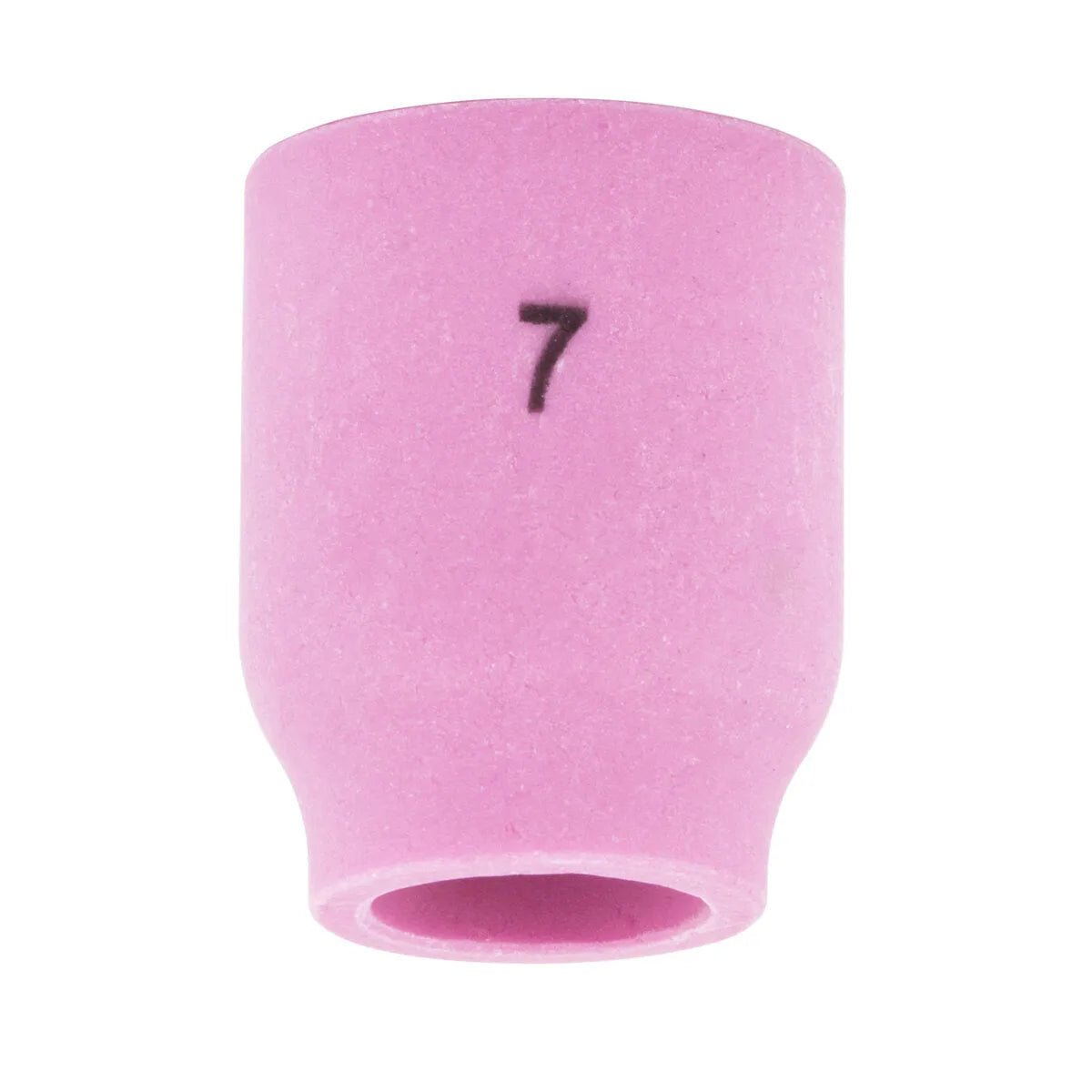 The Lincoln Caliber Gas Lens Cup #7 for 9/20 torches (KP4757-7-B10) is pink ceramic, features a large center hole and cylindrical body with a flared base, has 7 in black near the top, and improves shielding gas coverage. Plain white background. Pack of 10.