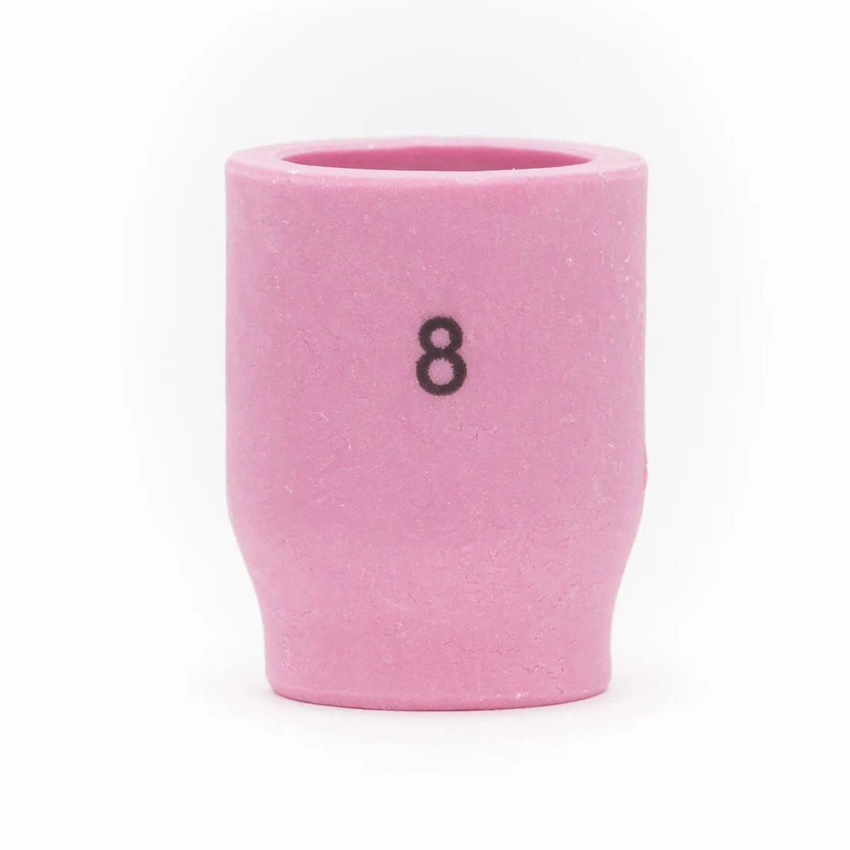 The Lincoln Caliber Gas Lens Cup #8 for 9/20 Torches (2/pack, KP4757-8) is a pink ceramic, cylindrical cup with a flared base and a black printed 8, designed for optimal shielding gas coverage. It has a smooth matte finish and plain white background.