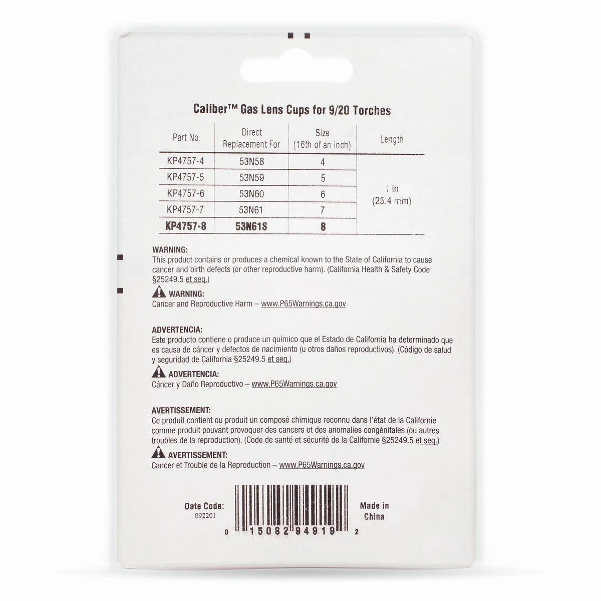 Back of Lincoln Caliber Gas Lens Cup #8, 9/20 Torches 2/pack (KP4757-8) package features a parts table with sizes and part numbers, plus shielding gas warnings and Prop 65 info in English/Spanish. Barcode at lower center.