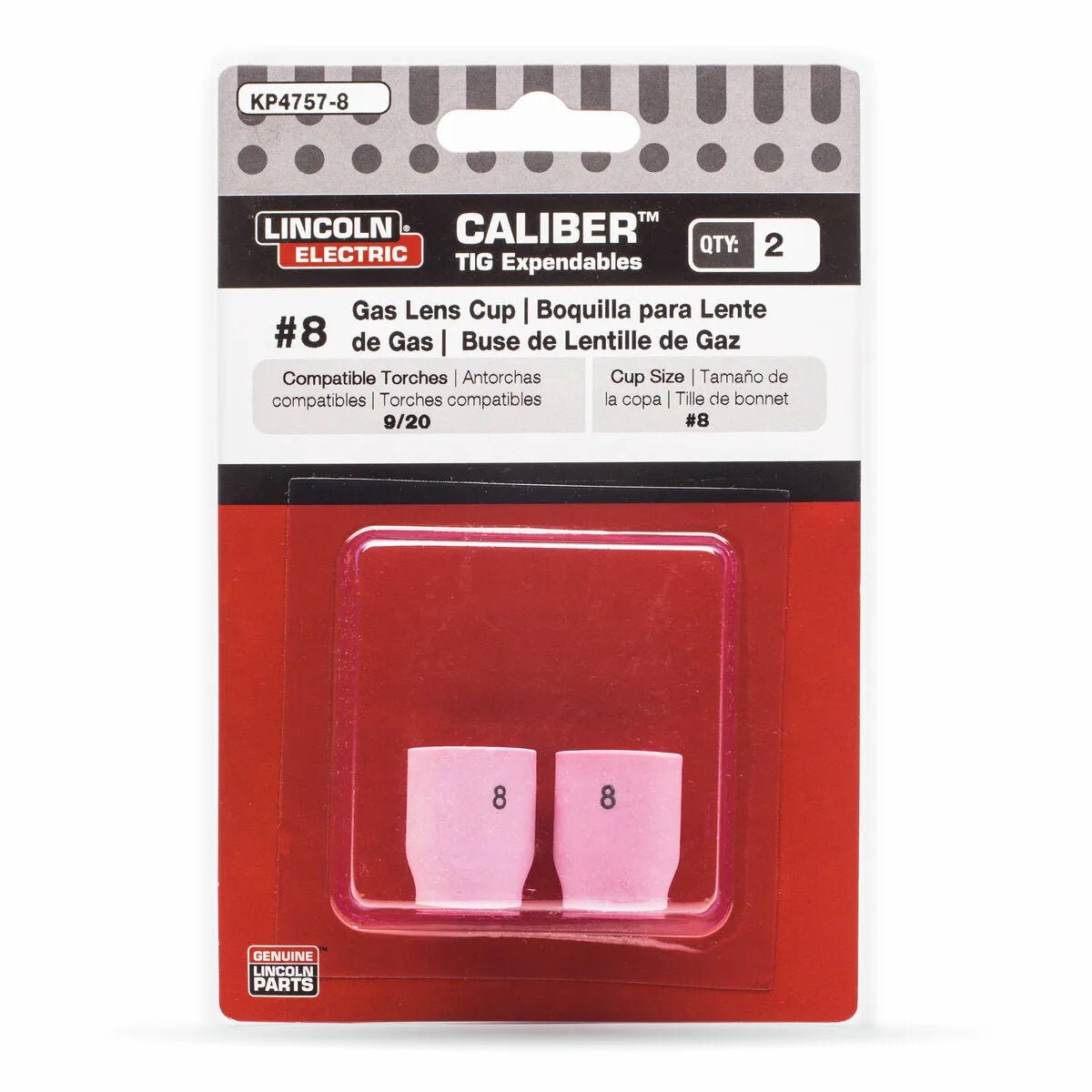Lincoln Caliber Gas Lens Cup #8 for 9/20 torches, 2-pack (KP4757-8). Includes two pink ceramic cups. Packaging features English and Spanish details. Designed for optimal shielding gas coverage.