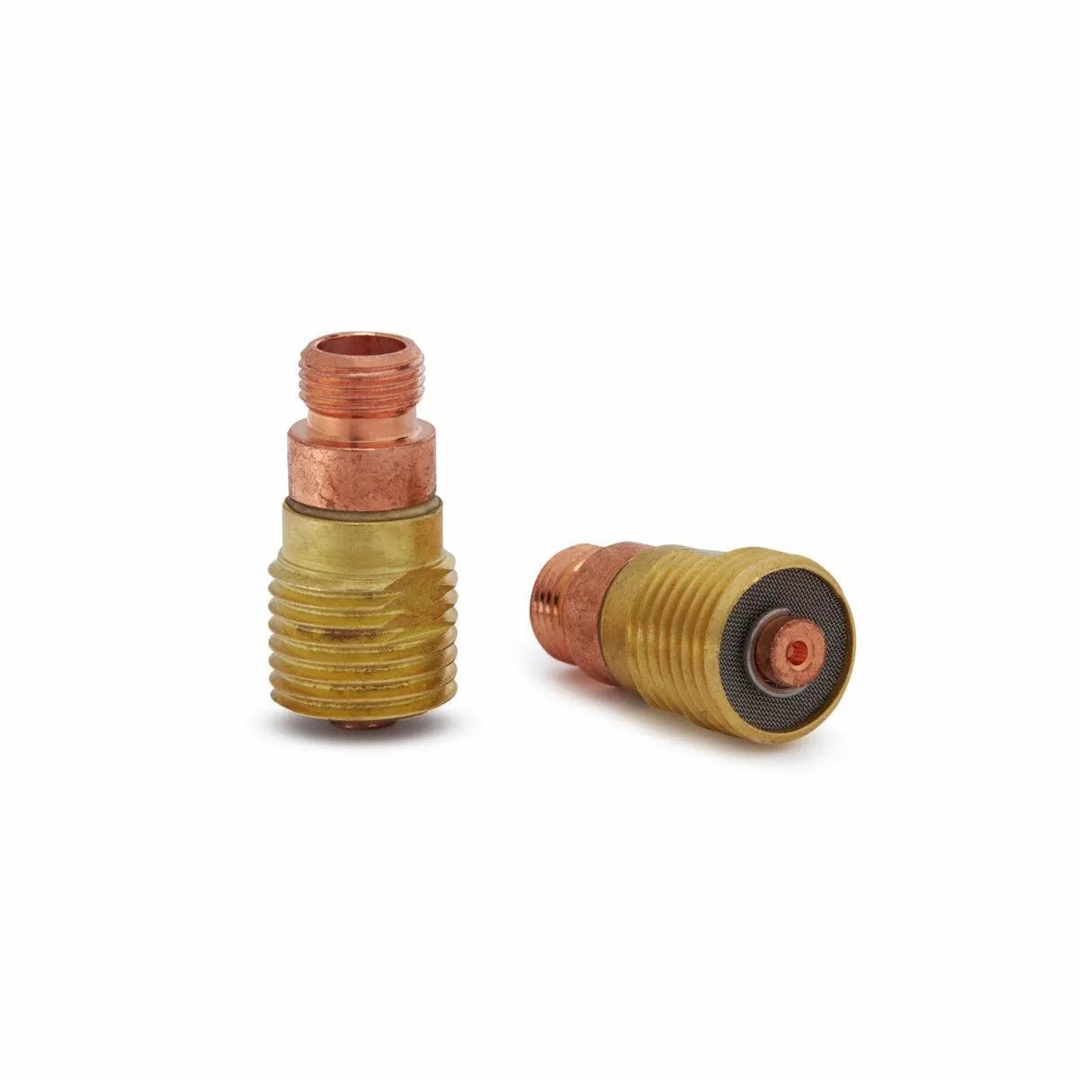 Two Lincoln Caliber Stubby Gas Lens 1/8 (3.2 mm) for 17/18/26 torches (KP4762-18, 2/pack) are shown on a white background—one upright to show its threads, the other side-on revealing the dark mesh filter.