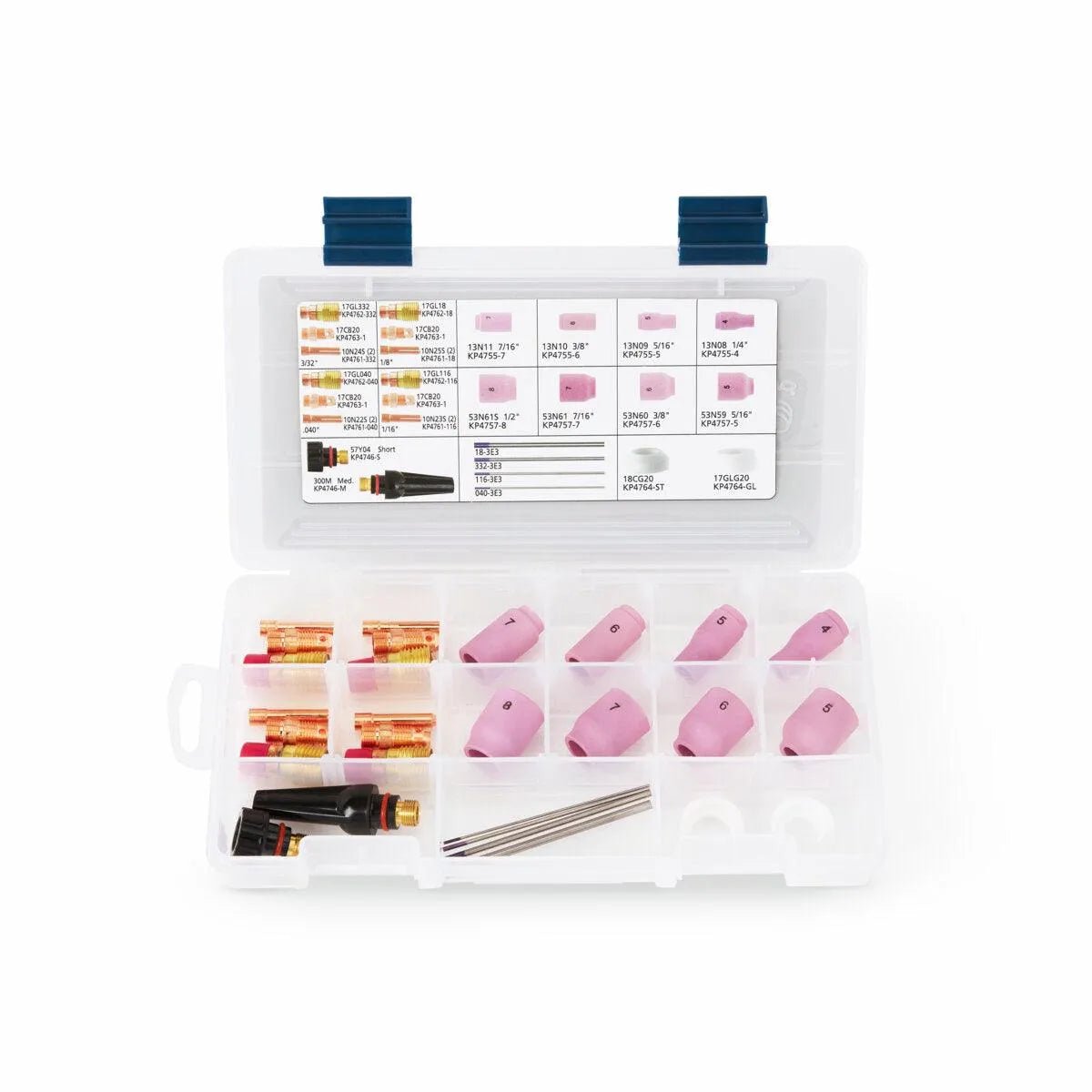 The Lincoln Caliber Stubby Torch Parts Kit 17/18/26 Torches KP4765-ST is a white plastic organizer box with blue clasps, holding pink ceramic cups, copper nozzles, and rods. A labeled chart is on the lid, shown against a white background.