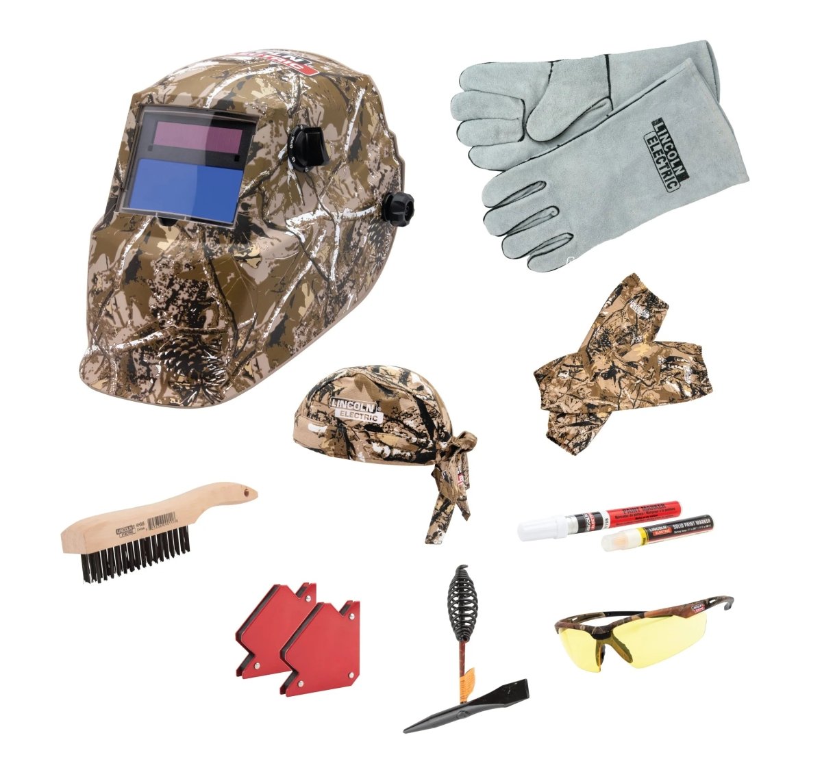 Lincoln Camo Welding Helmet Kit K4738-1 with auto-darkening helmet, gloves, magnets, safety glasses, and more on white background.