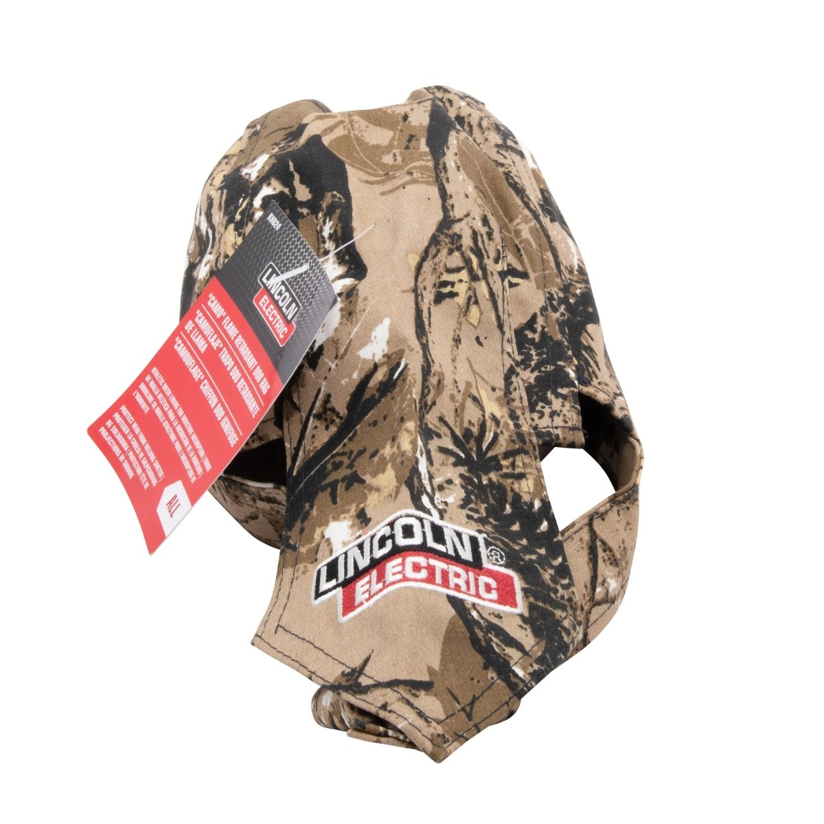 Lincoln Electric brown camo welding cap with embroidered logo, ideal welding accessory for helmet kits, available at WeldingMart.