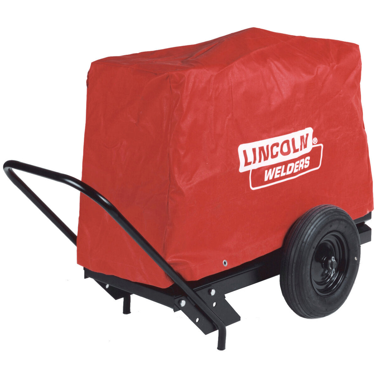 A Lincoln Electric CanVAS™ Cover (Large) K886-1 in bright red, featuring the white Lincoln Welders logo, protects the welding machine on a black metal cart with large wheels and a handle for easy transport.