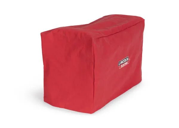 A red Lincoln canvas cover with the Lincoln Electric logo printed on the side, designed to fit over and protect your welding machine or Power MIG 140 MP.