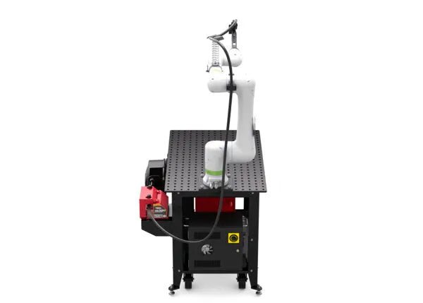 Lincoln ClassMate CRX-10iA Cobot Trainer with white robotic arm, red welding unit, workbench, for automated welding training.